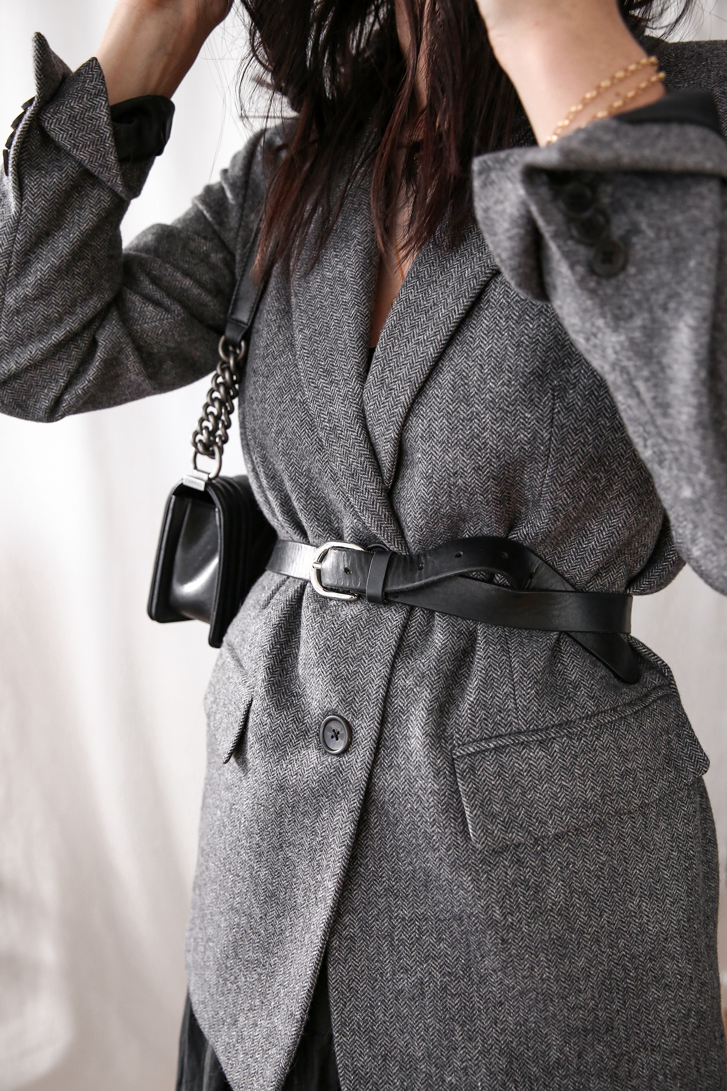 Outfit details Everlane oversized wool blazer belted at the waist