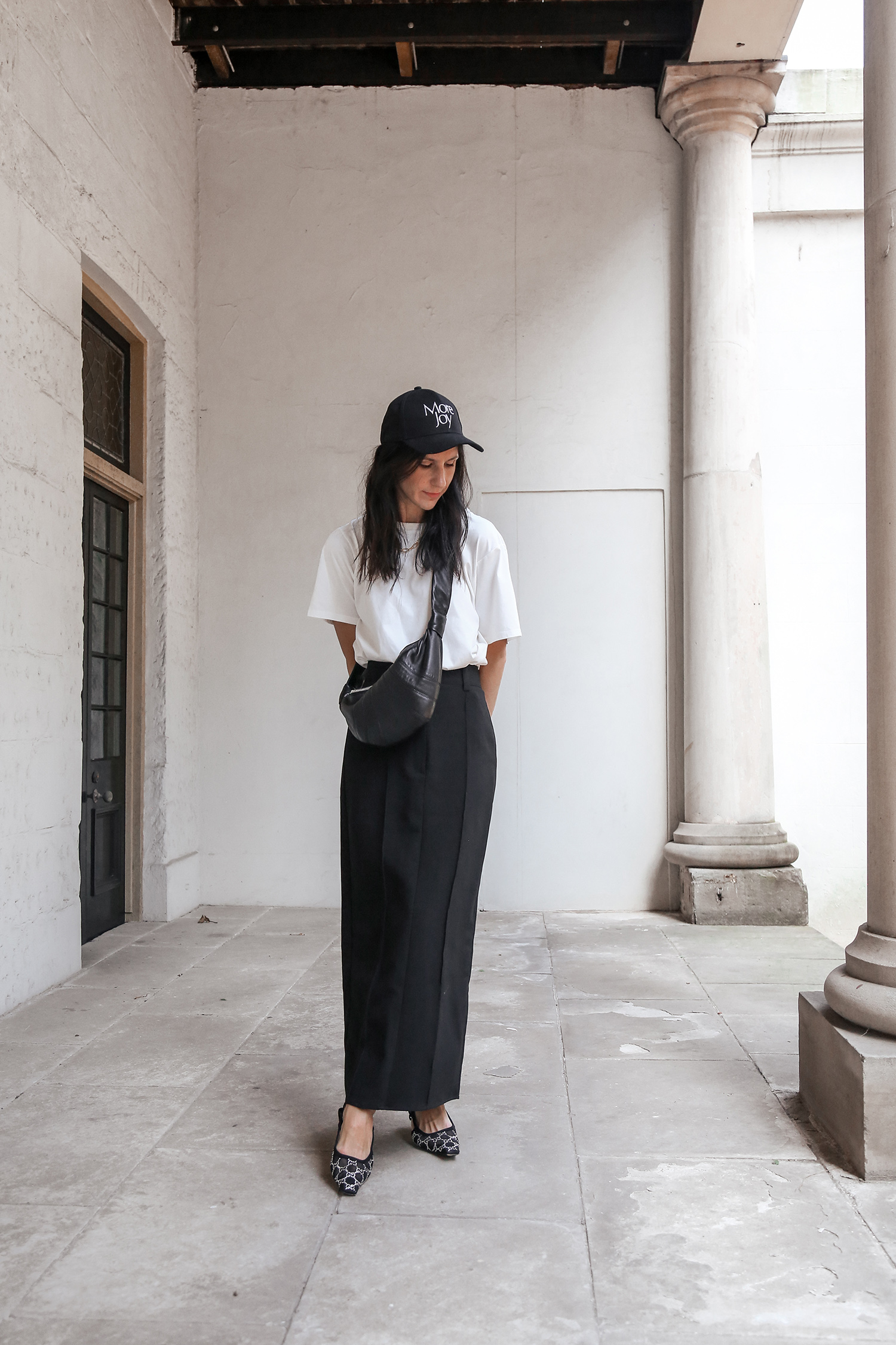 Wearing DISSH Rowan maxi skirt with a white tee and crystal heels