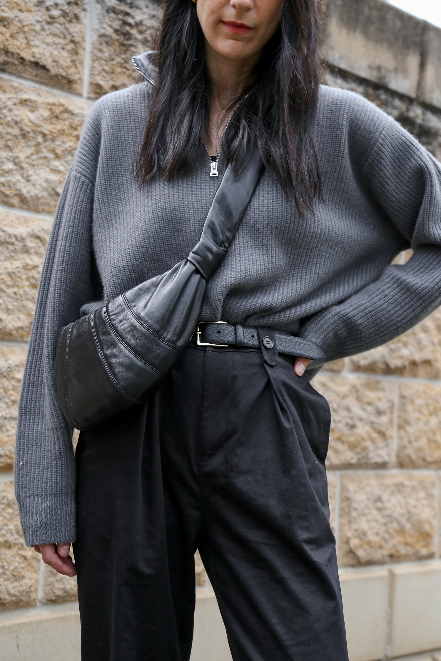 Jenni Kayne half zip sweater and Lemaire small croissant bag