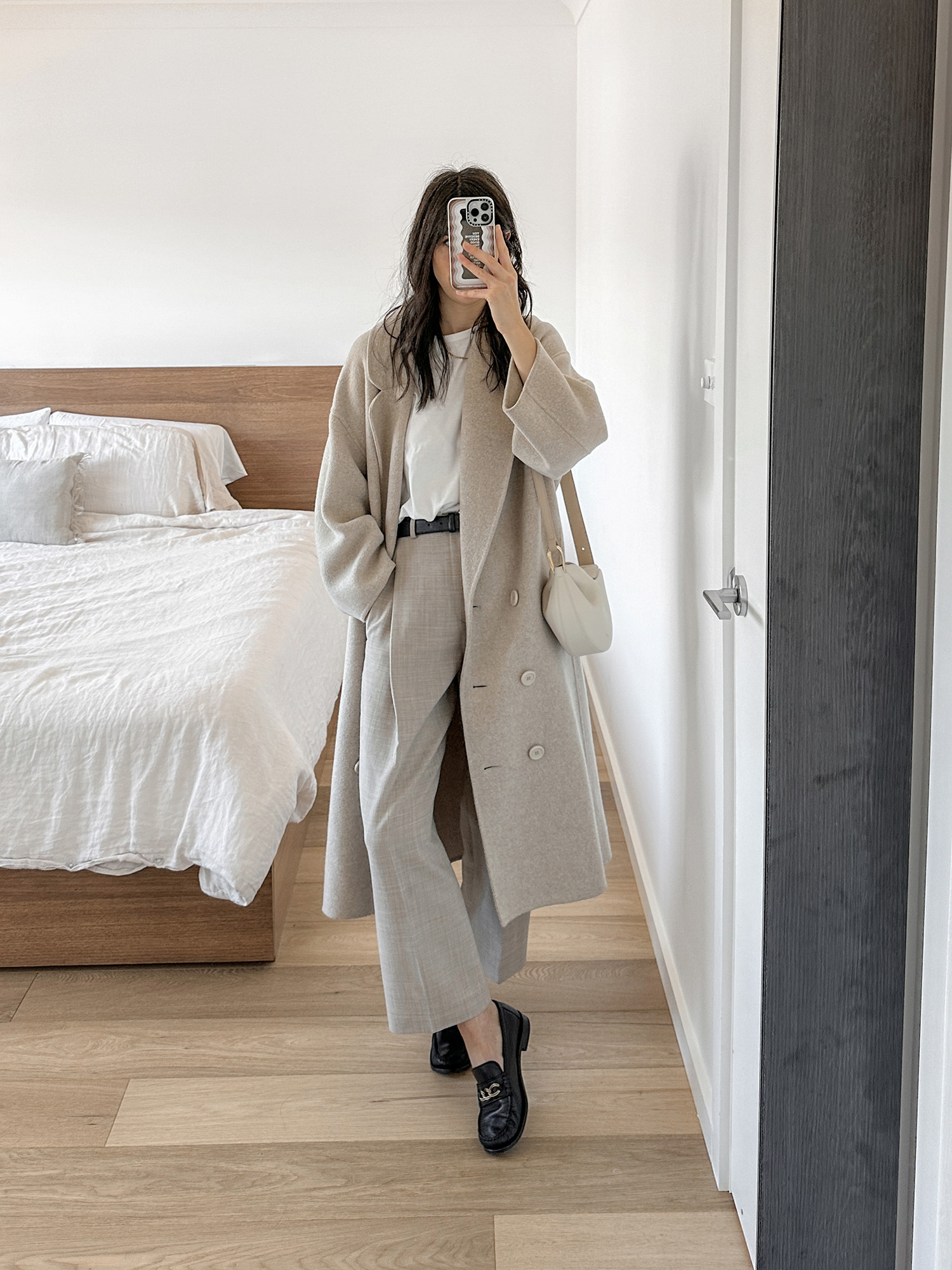 Parisian chic neutral outfit with loafers