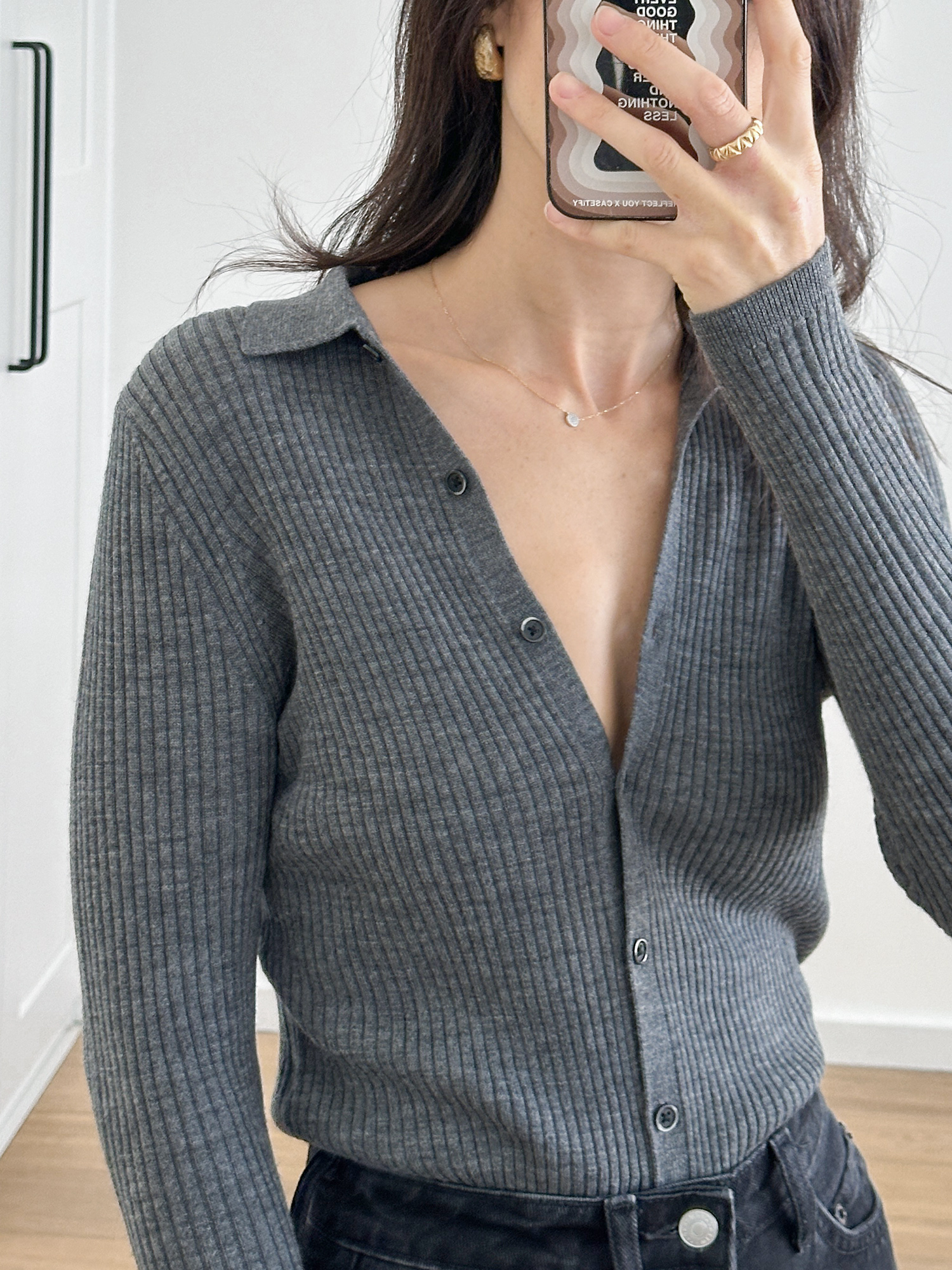 collared merino ribbed polo cardigan