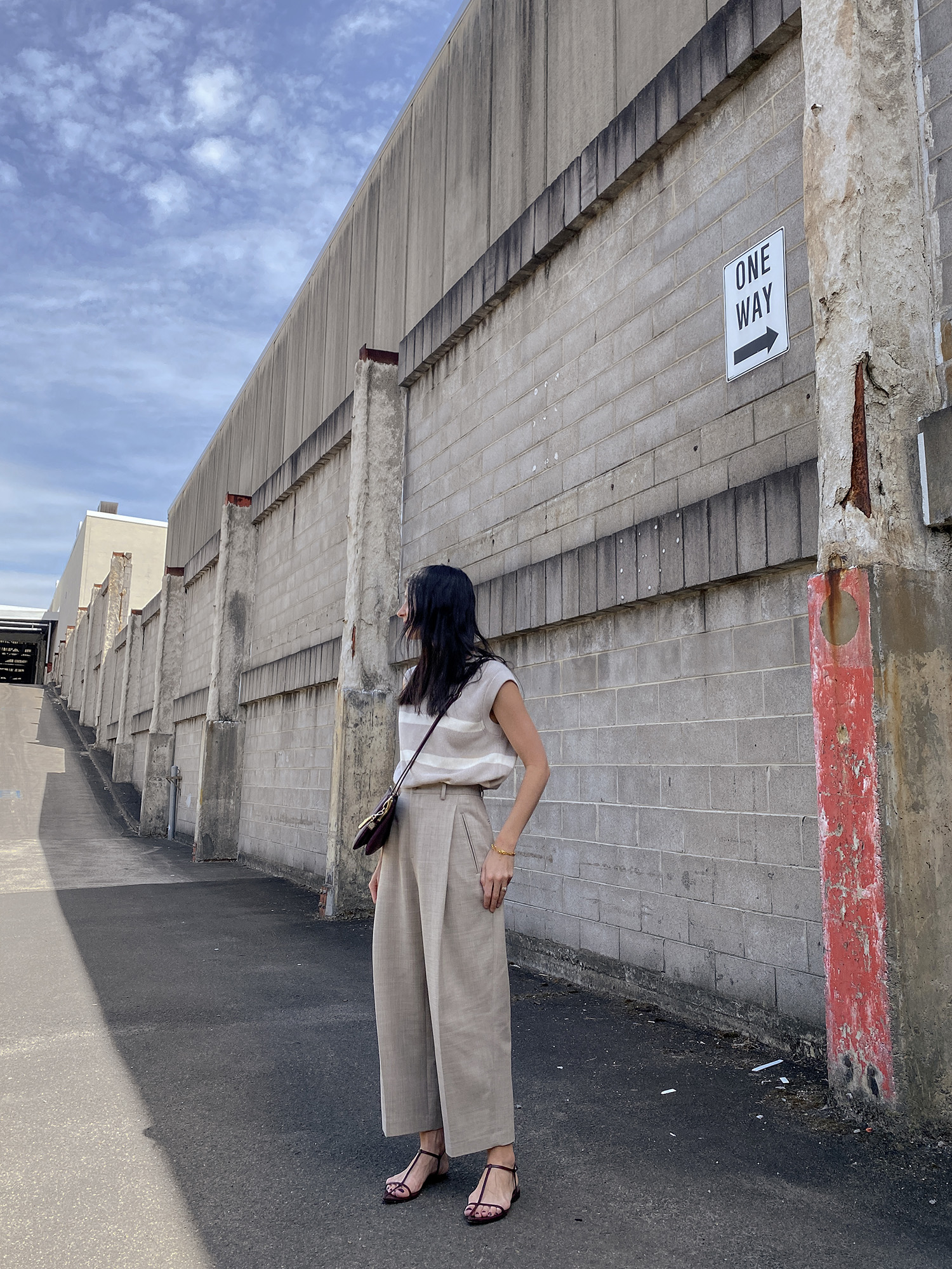 Wearing Everlane striped cotton tank with Facade Pattern round pants and Jil Sander Agnoletto sandals