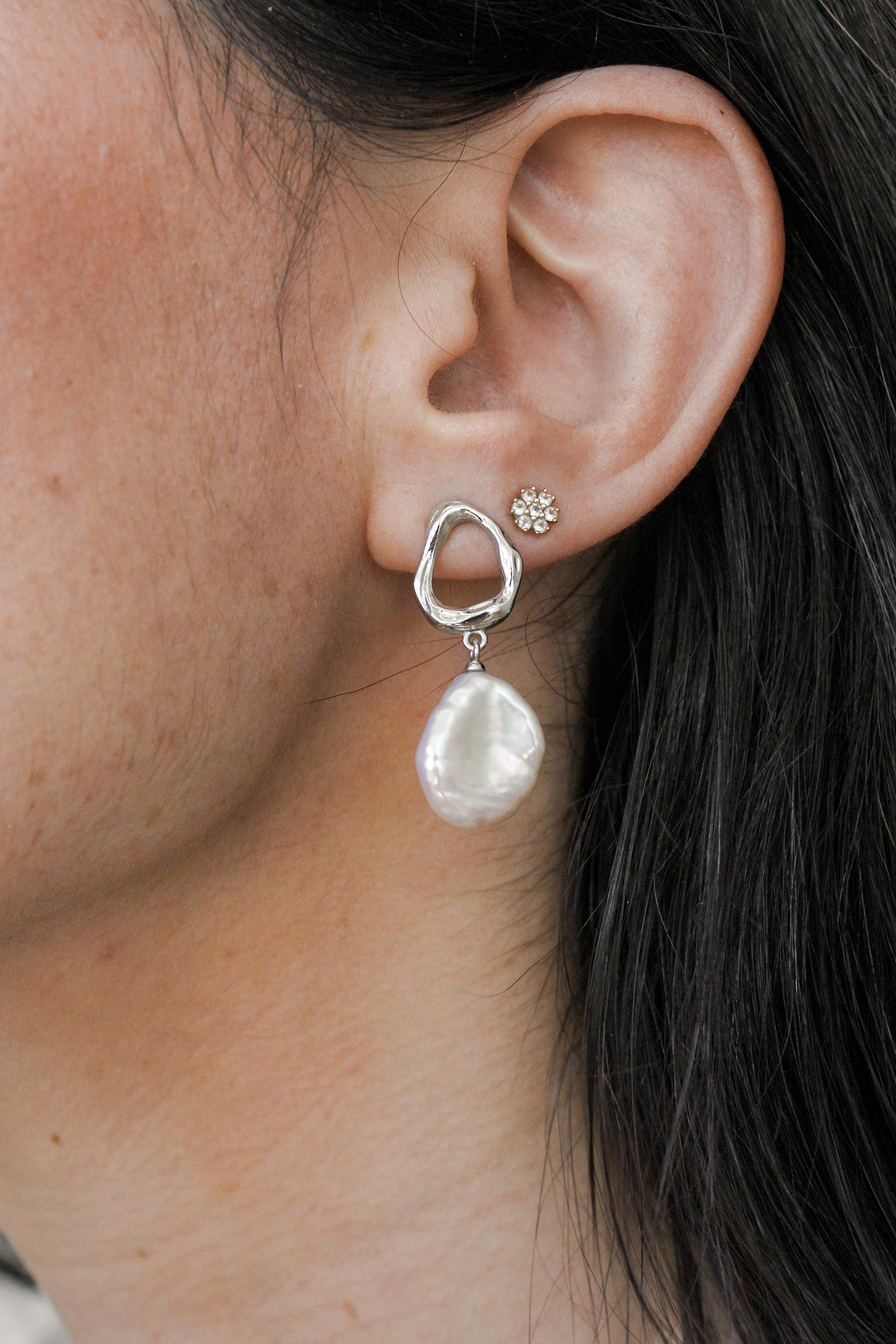 Dainty earring stack flower stud with pearl drop earring