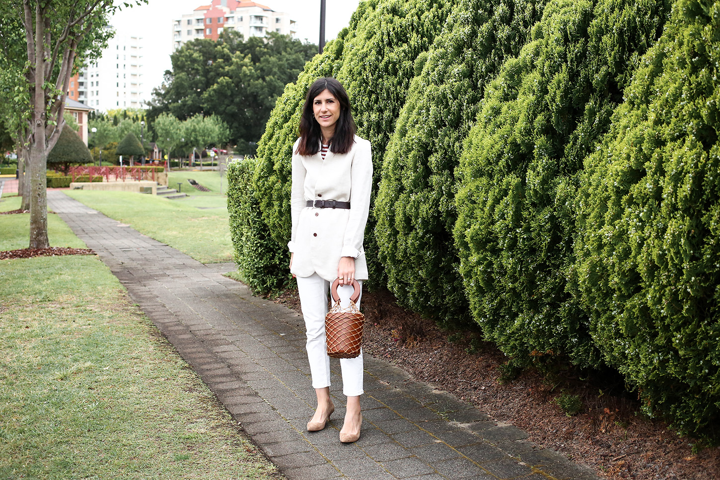Wearing lately, belted blazer with straight leg jeans