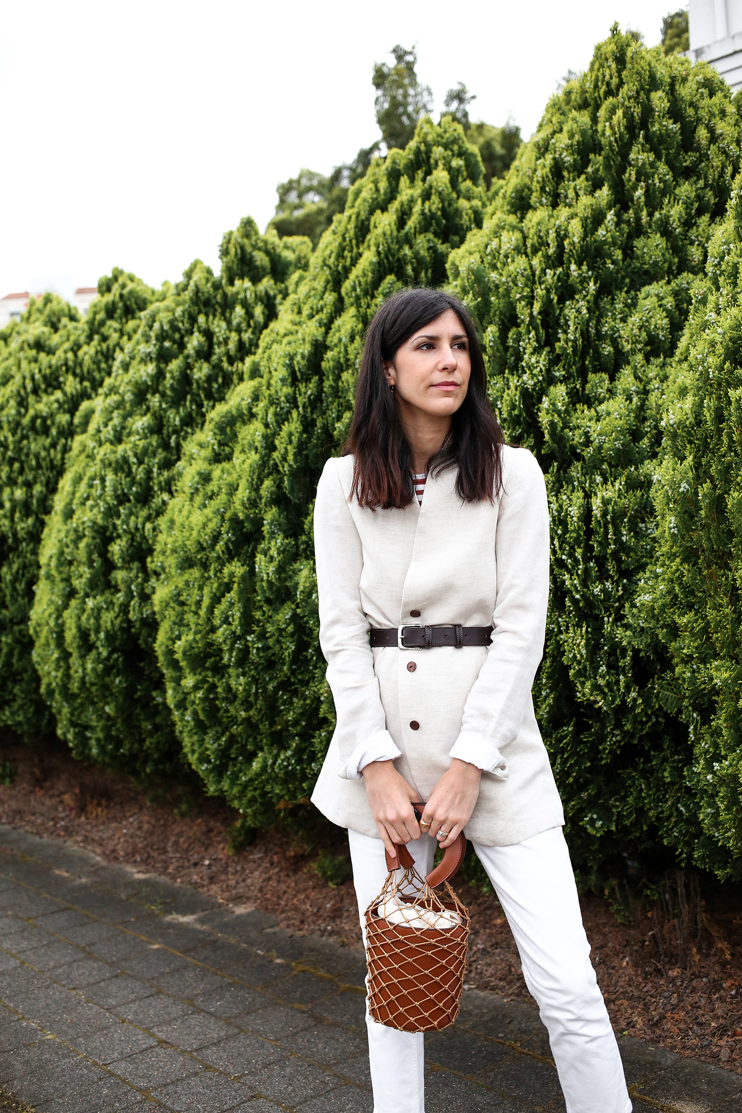 Wearing lately, belted blazer with straight leg jeans