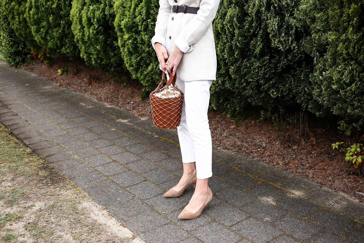 Wearing lately, belted blazer with straight leg jeans