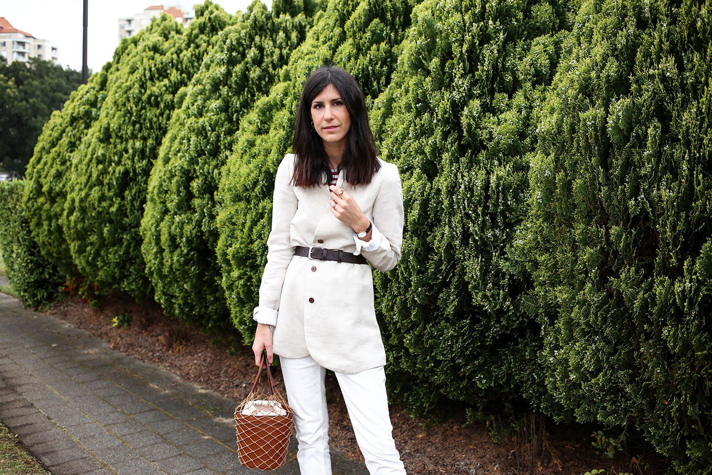 Wearing lately, belted blazer with straight leg jeans