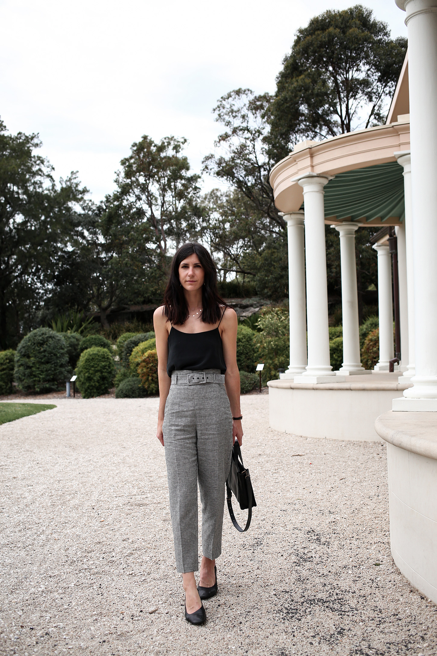 Outfit wearing a silk cami and gingham trousers