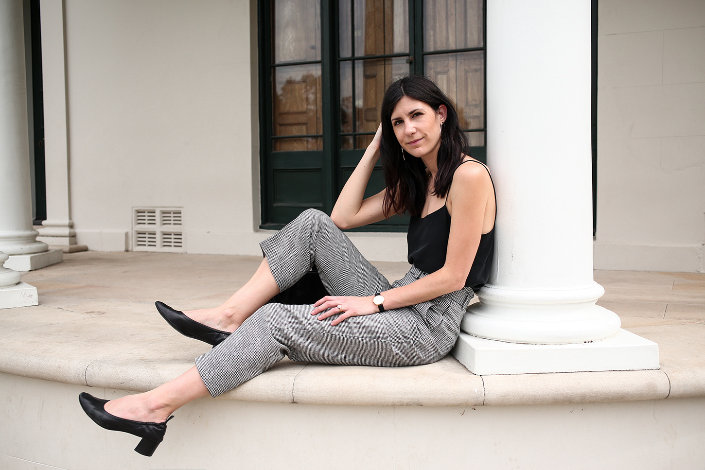 Outfit wearing a silk cami and gingham trousers