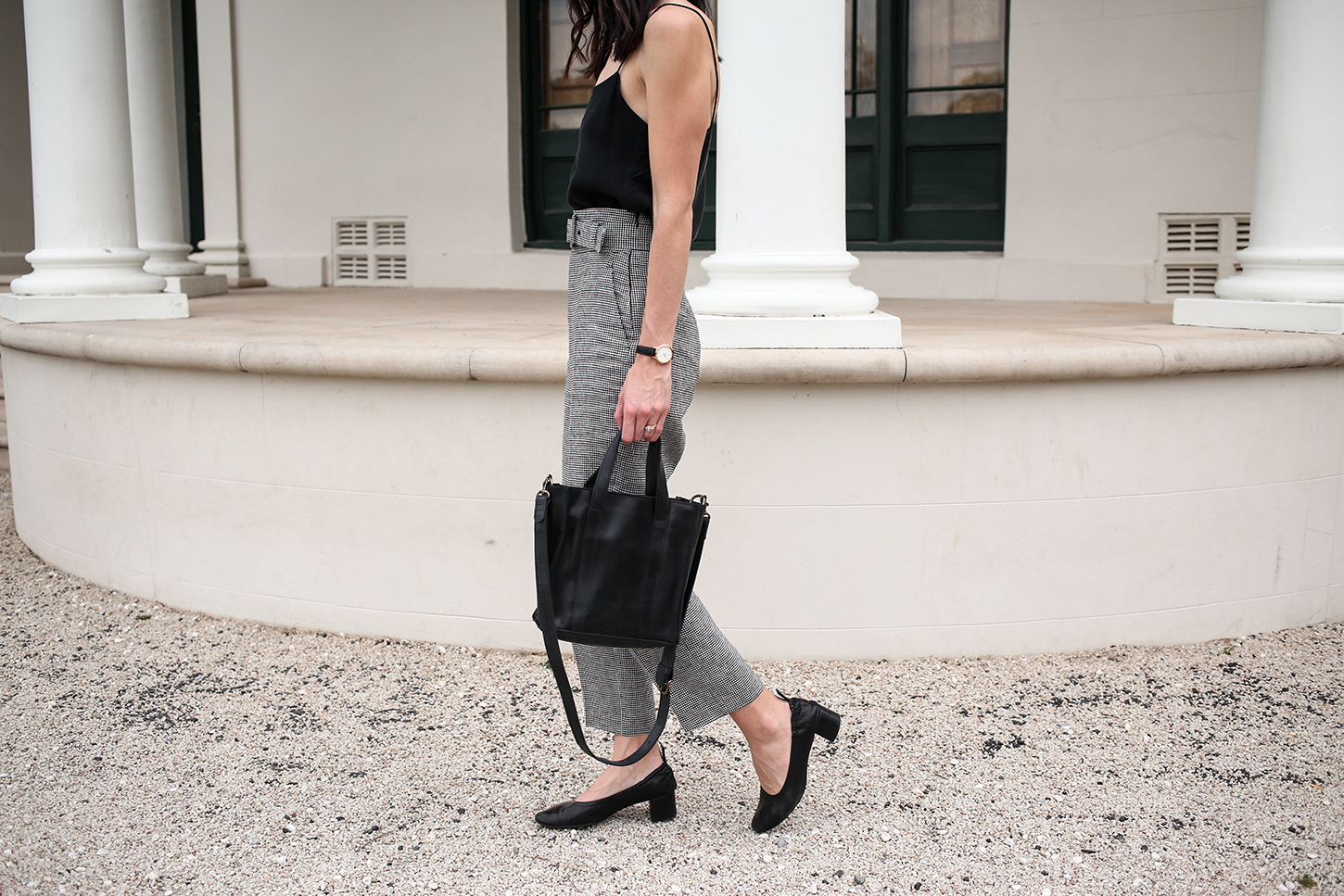 Outfit wearing a silk cami and gingham trousers