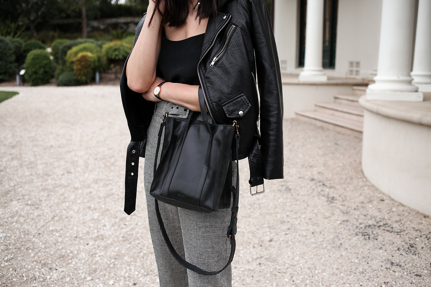 Outfit wearing a silk cami and gingham trousers