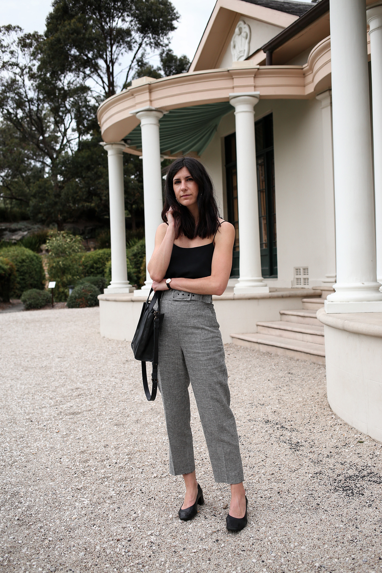 Outfit wearing a silk cami and gingham trousers