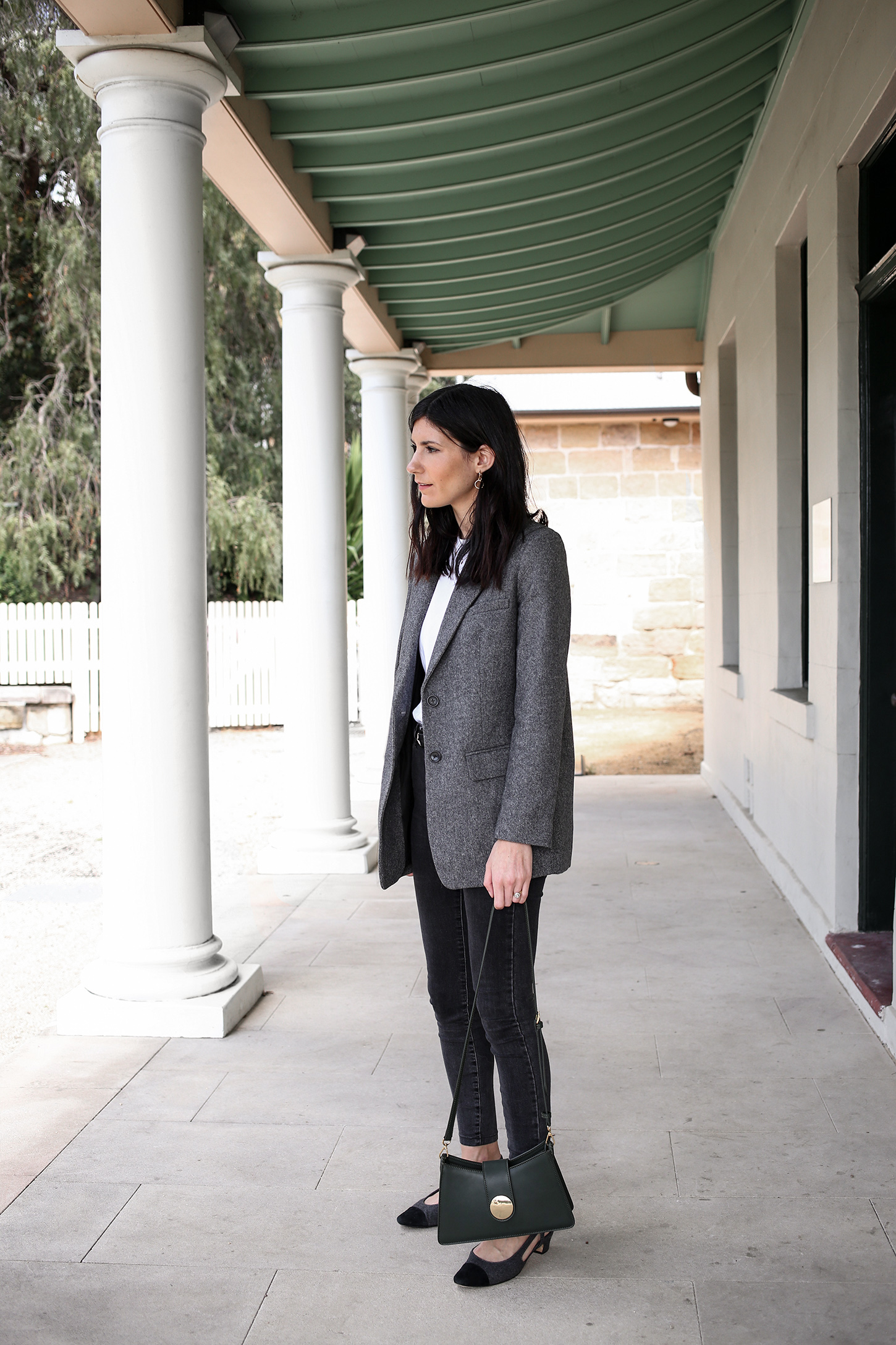 Outfit Wearing Everlane Wool Oversized Blazer and Skinny Jeans