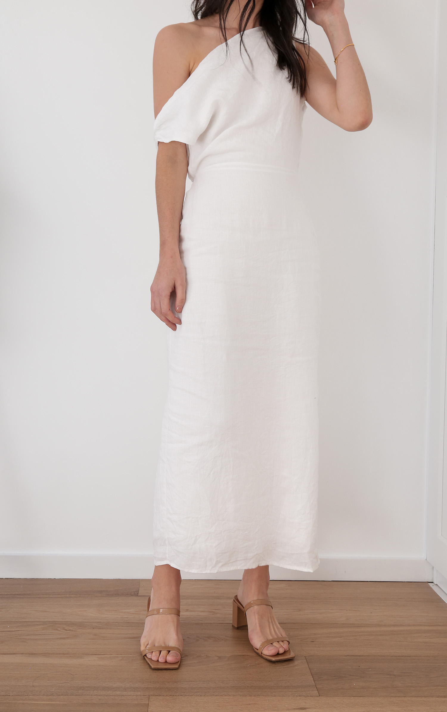 Cass white linen asymmetric midi dress