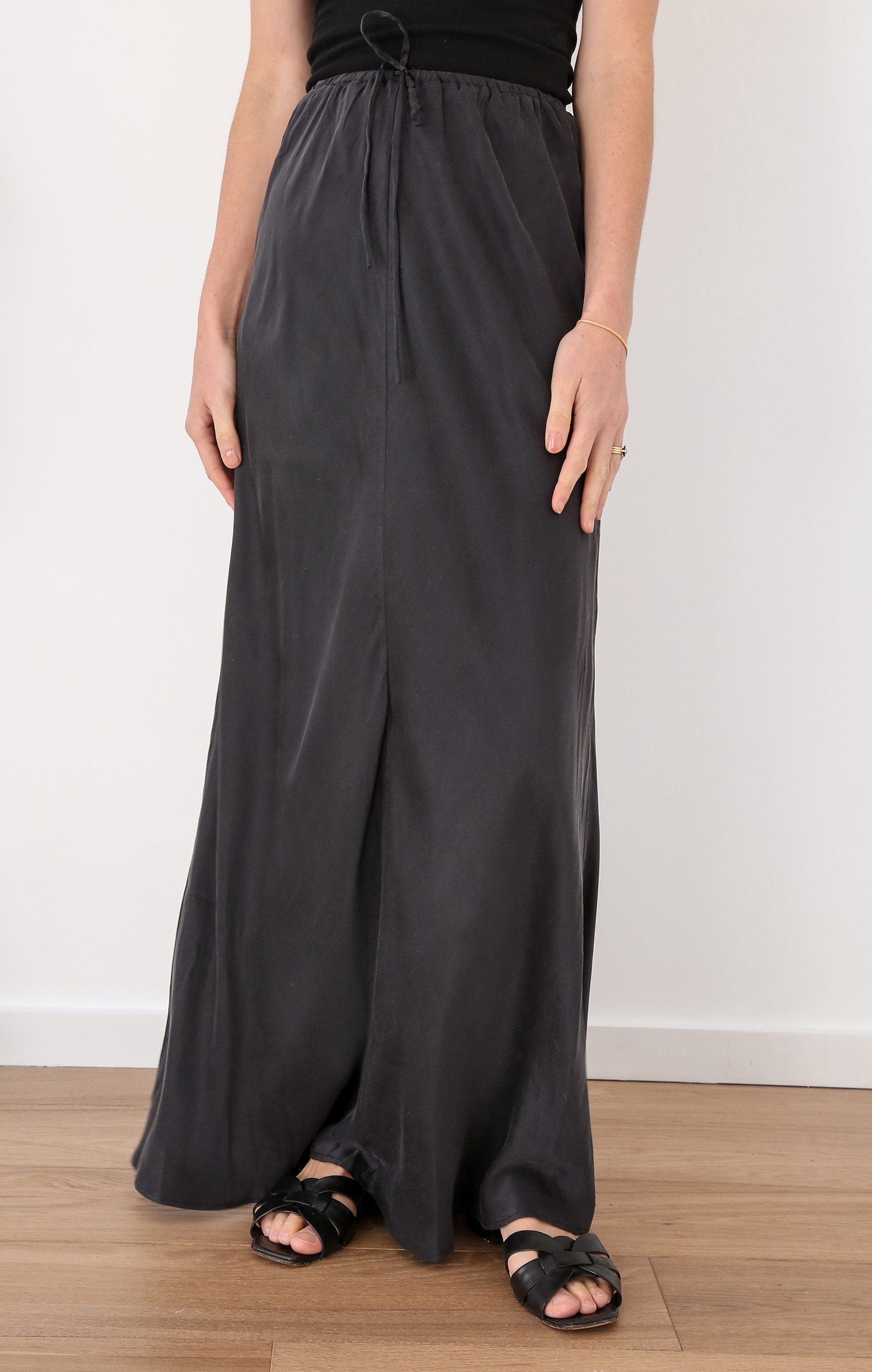 Layla black silk midi skirt