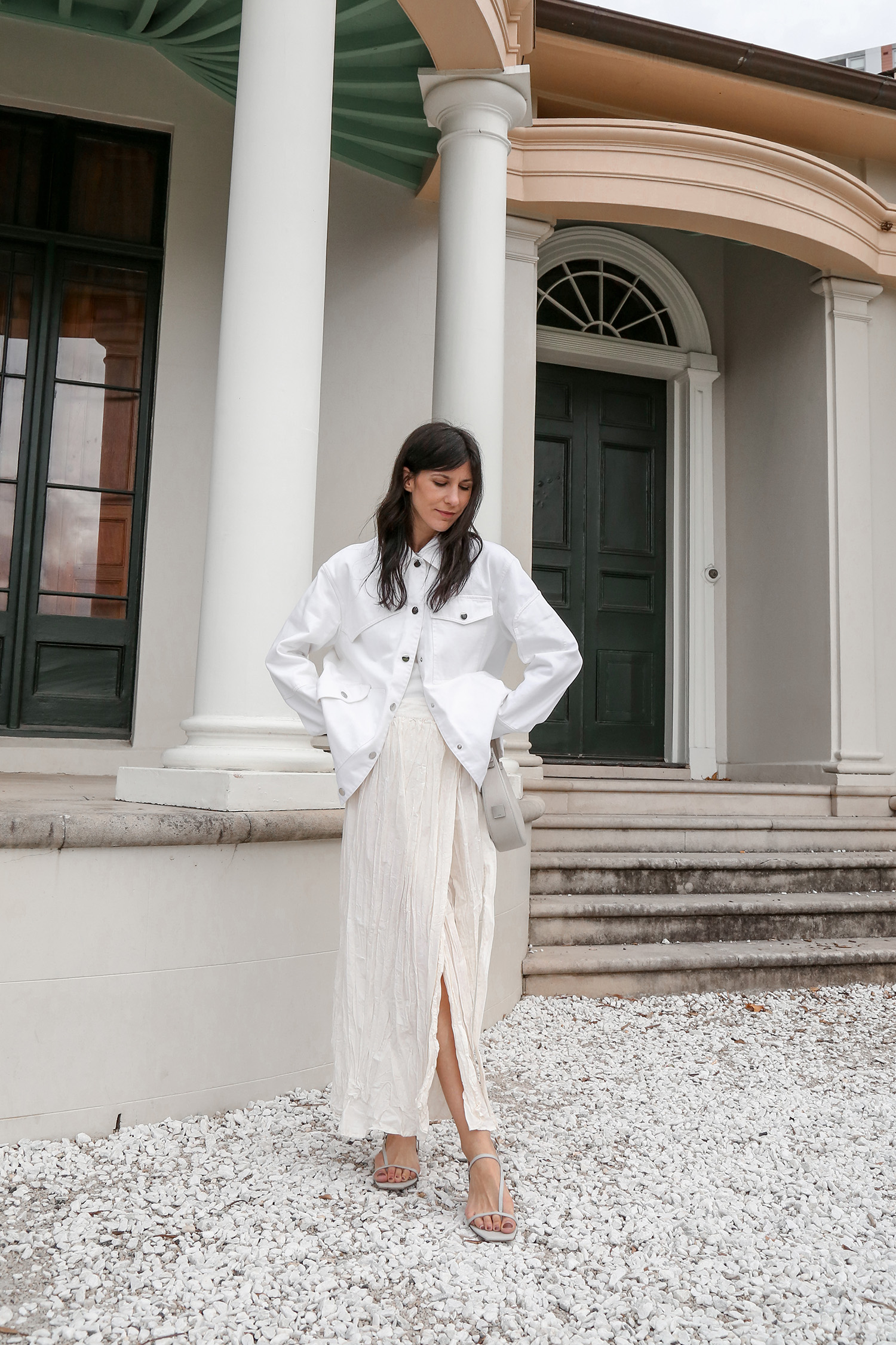 Parisian style feminine neutral toned outfit idea