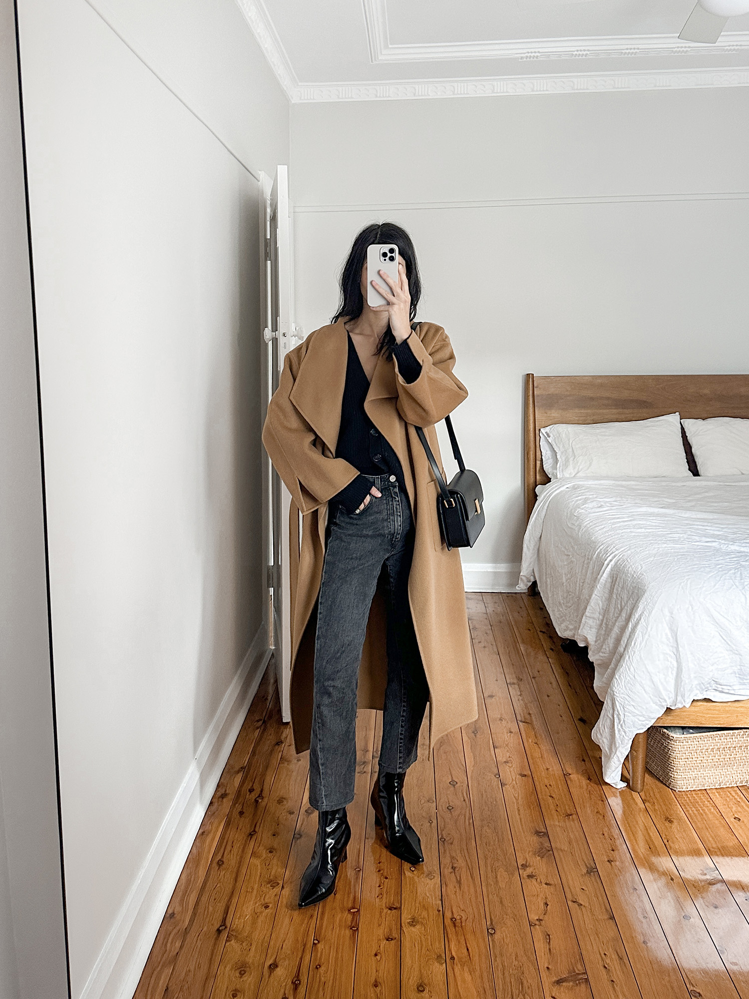 Jenni Kayne cropped cashmere cardigan with Musee coat and Reike Nen boots Scandi style outfit
