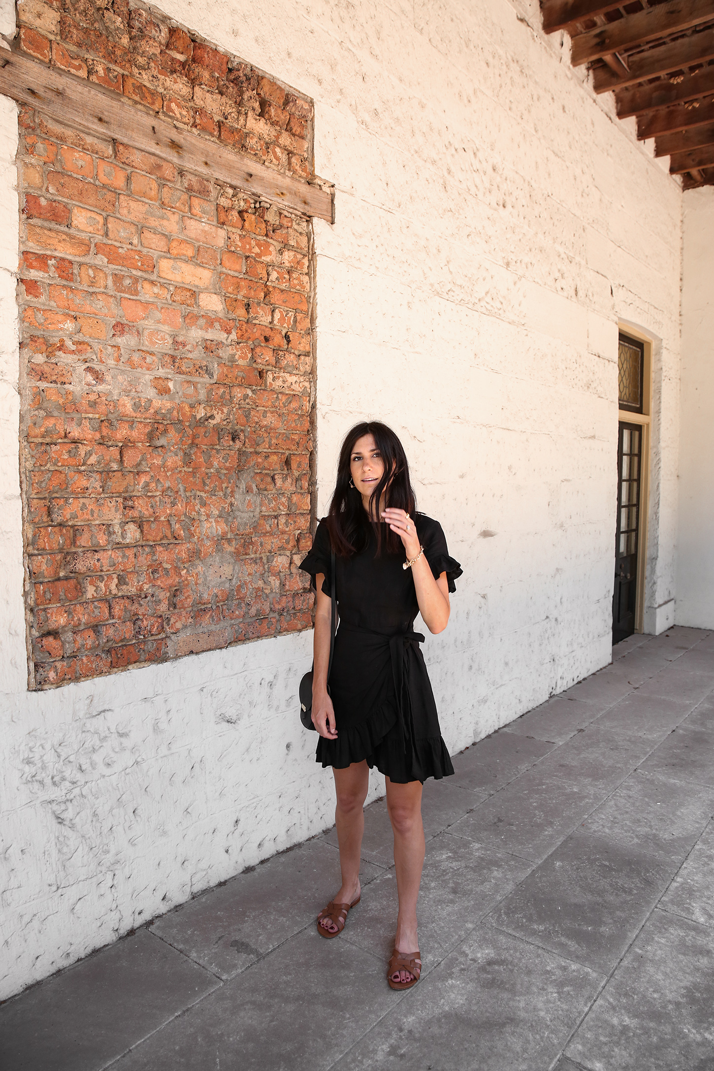 Black linen mini dress and sandals summer style outfit