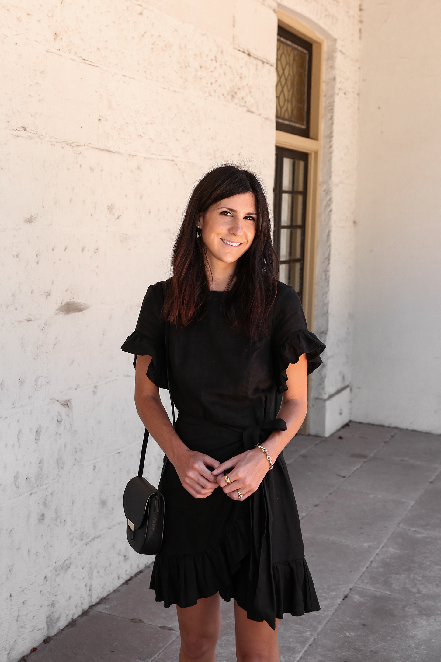 Black linen mini dress and sandals summer style outfit