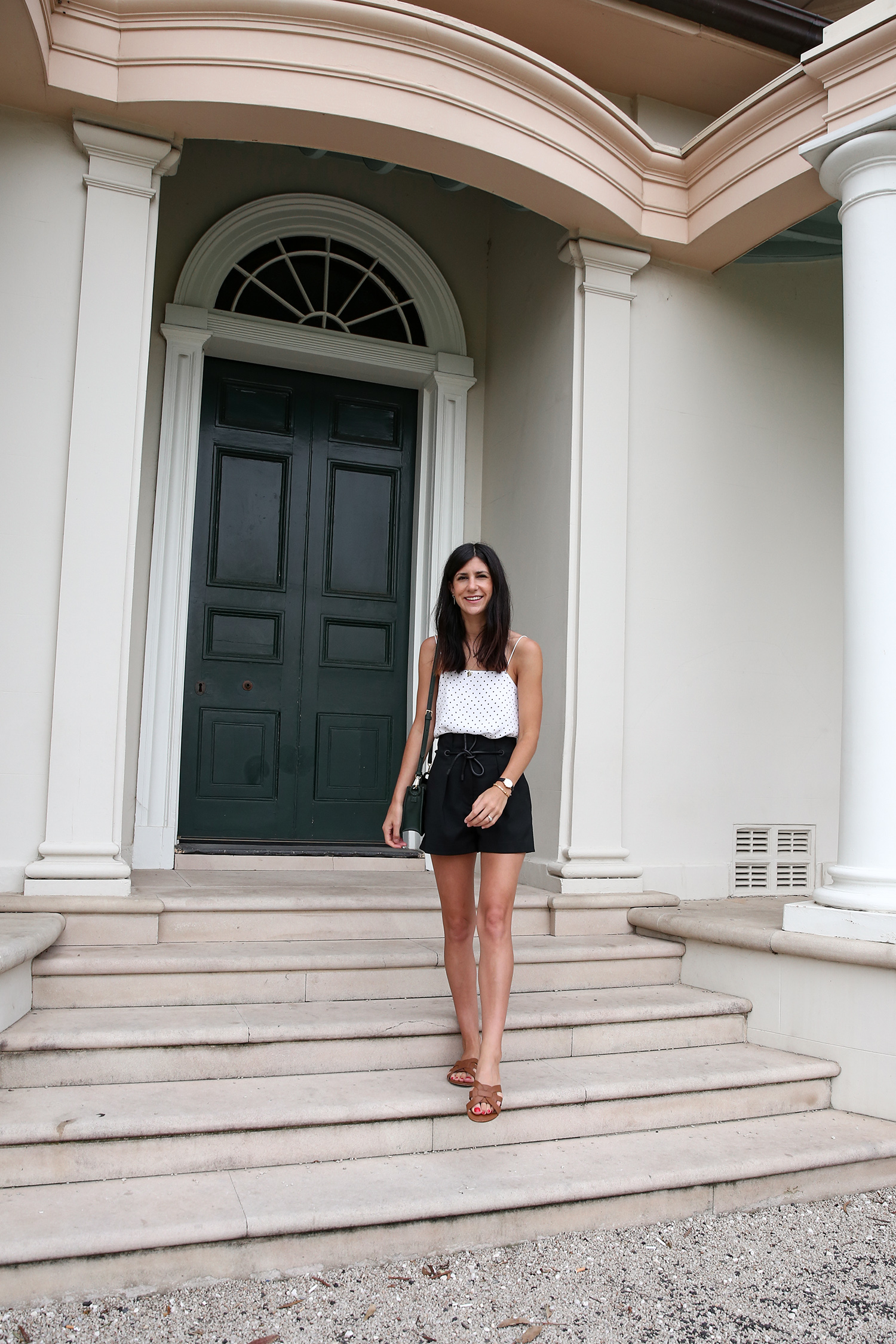 Polka dot cami and black structured shorts summer style