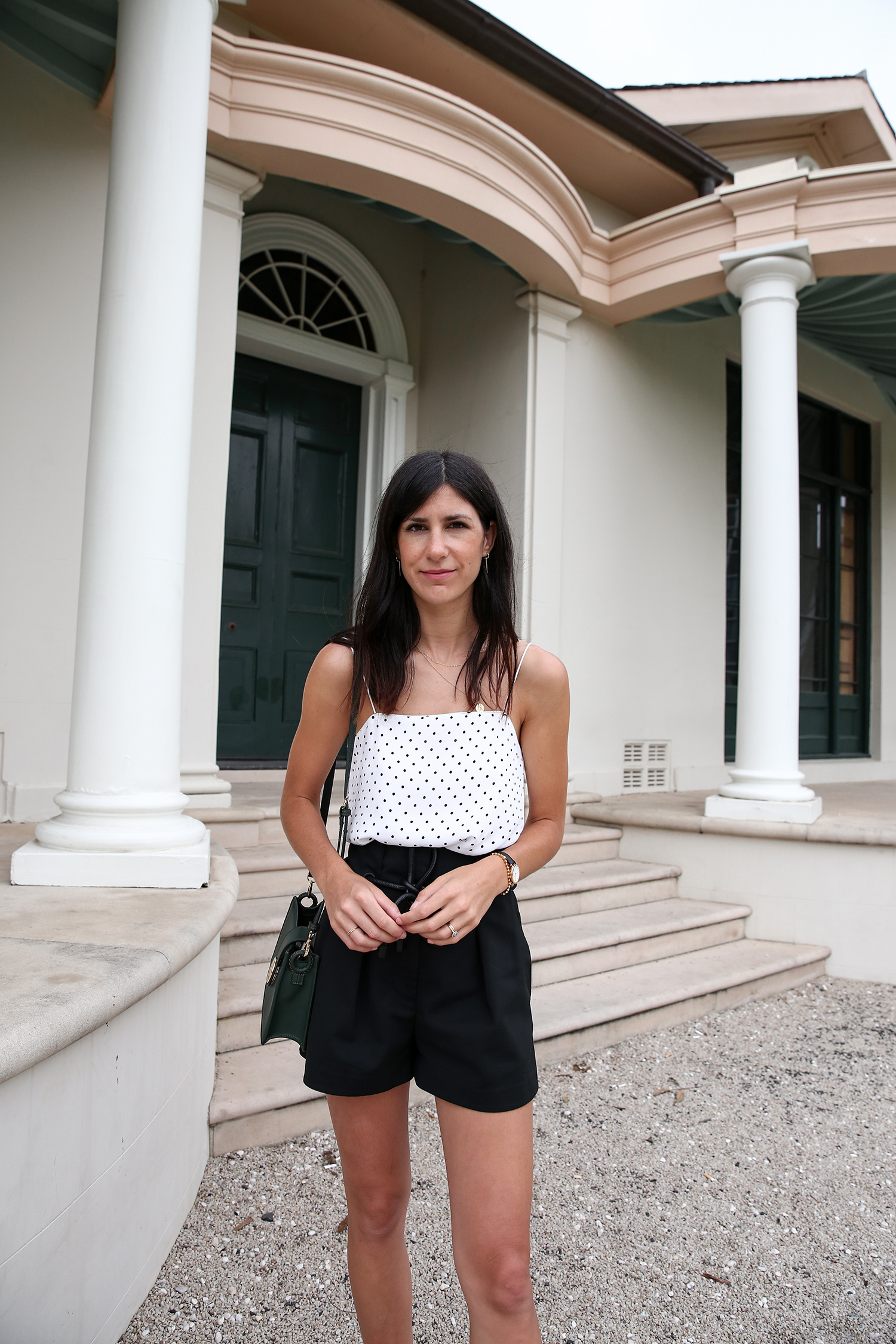 Polka dot cami and black structured shorts summer style