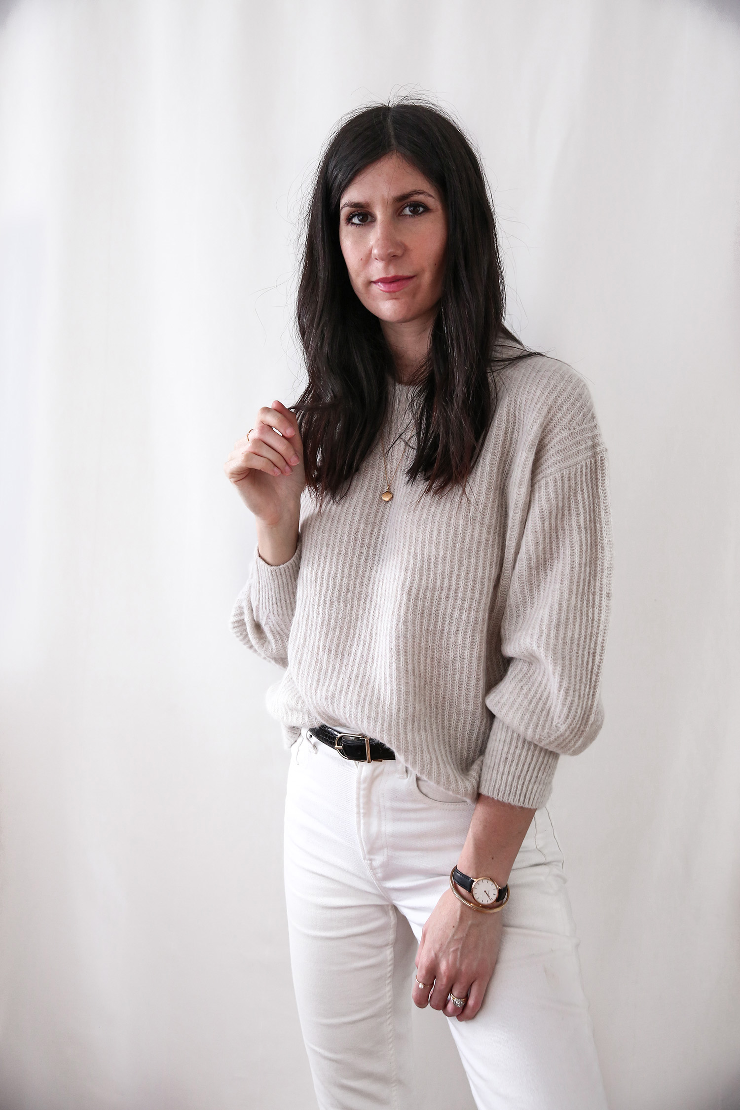 Jamie Lee of Mademoiselle wearing the Everlane alpaca crew sweater