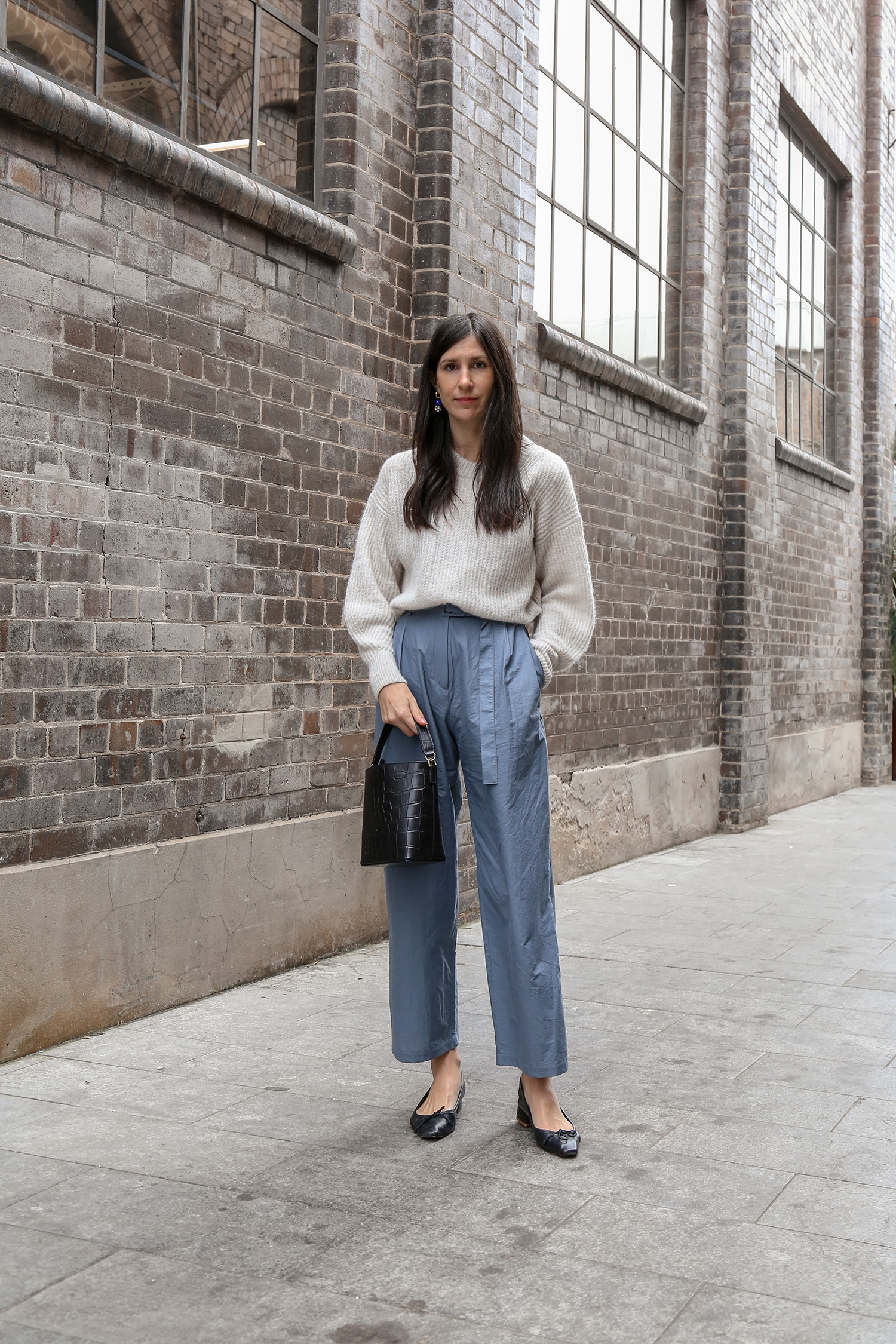 Everlane alpaca sweater with FRONTROW blue nylon trousers
