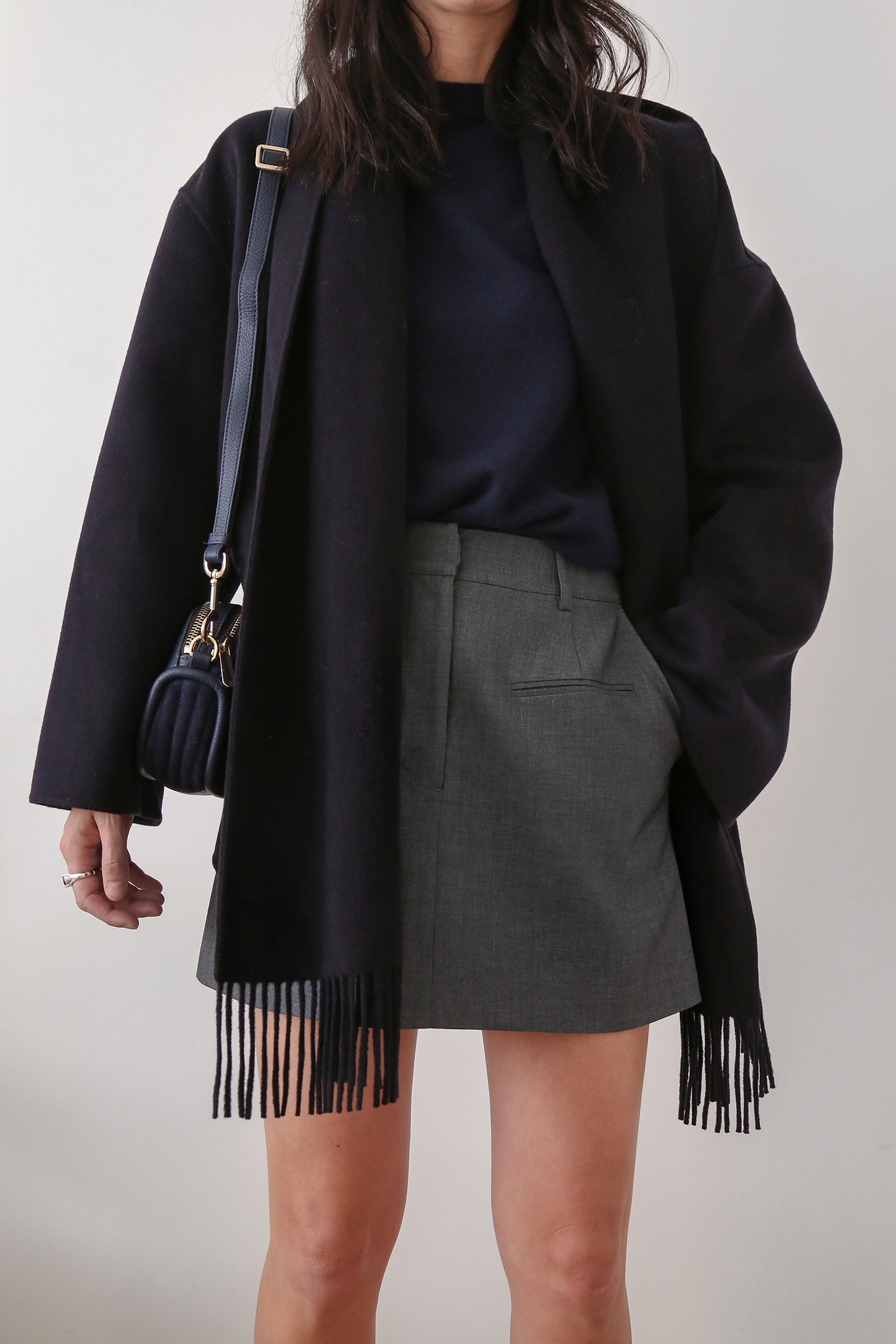 Wearing Assembly Label cashmere and Minima Esenciales Lorne skirt with COS scarf coat
