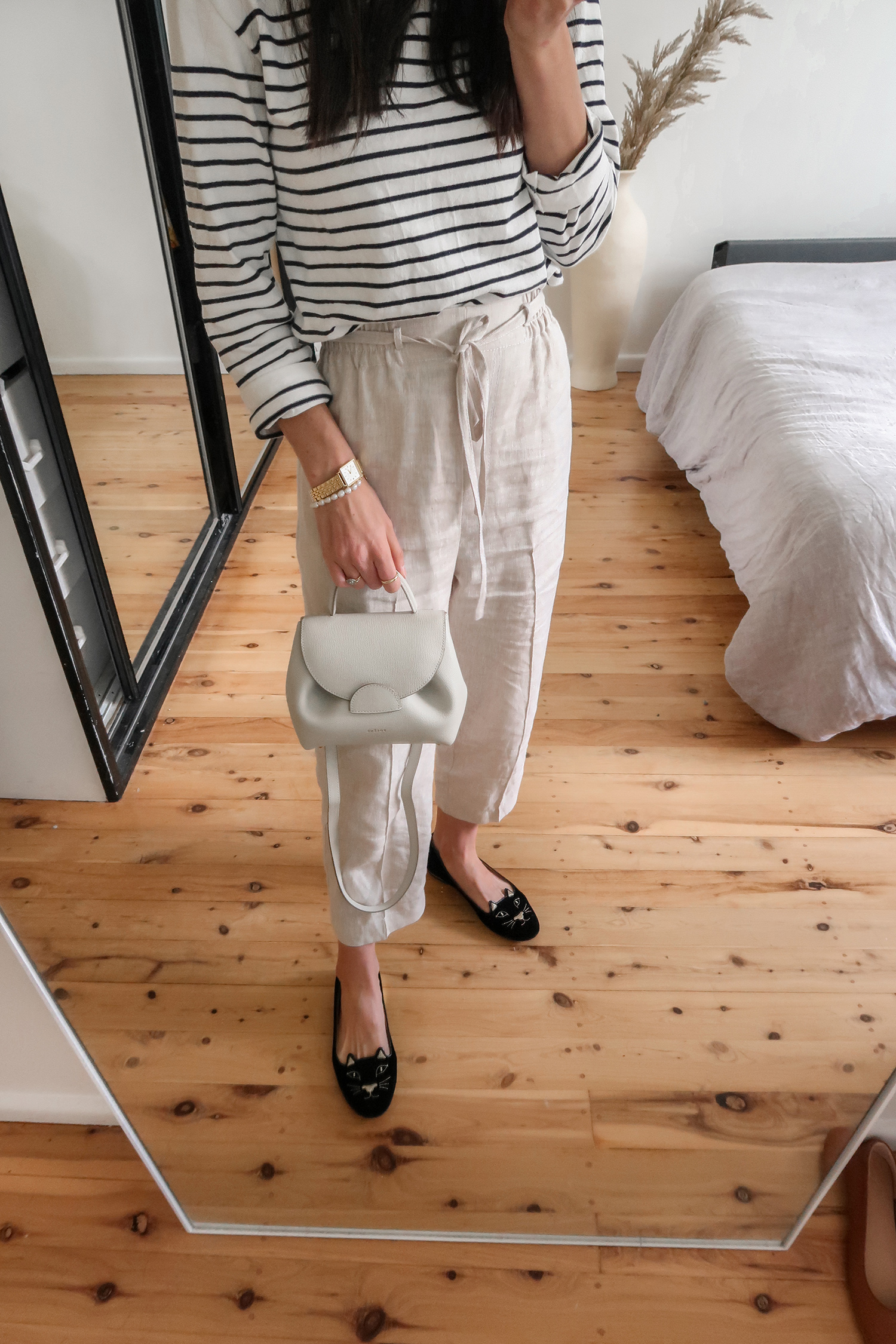 30X30 Capsule Wardrobe stripes and linen trousers