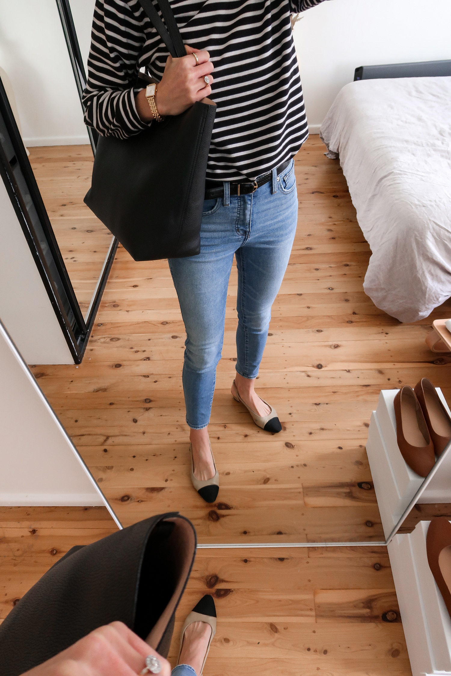 30X30 Capsule Wardrobe Minimal Outfit wearing Madewell denim and utility jacket