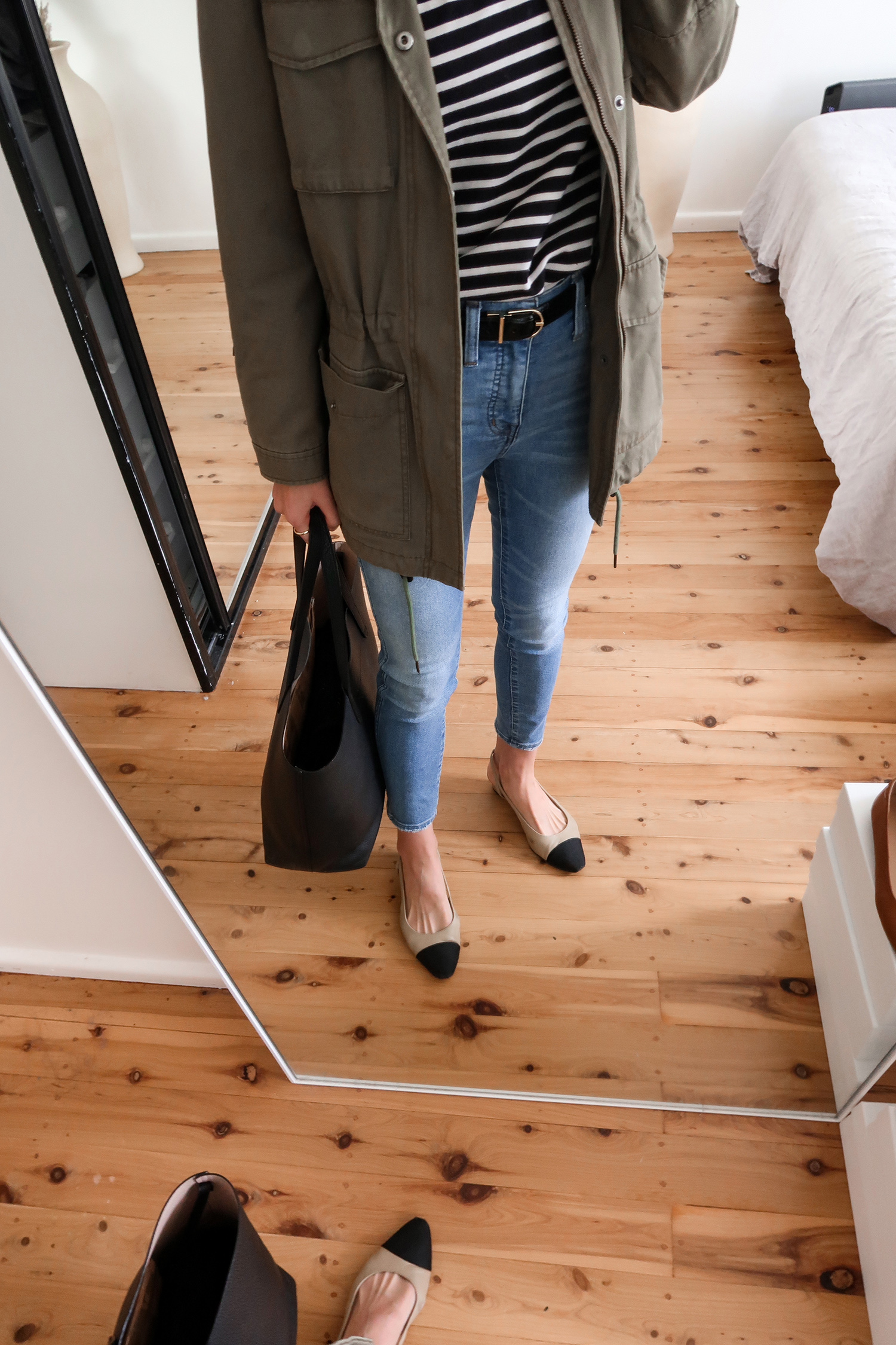 30X30 Capsule Wardrobe Minimal Outfit wearing Madewell denim and utility jacket