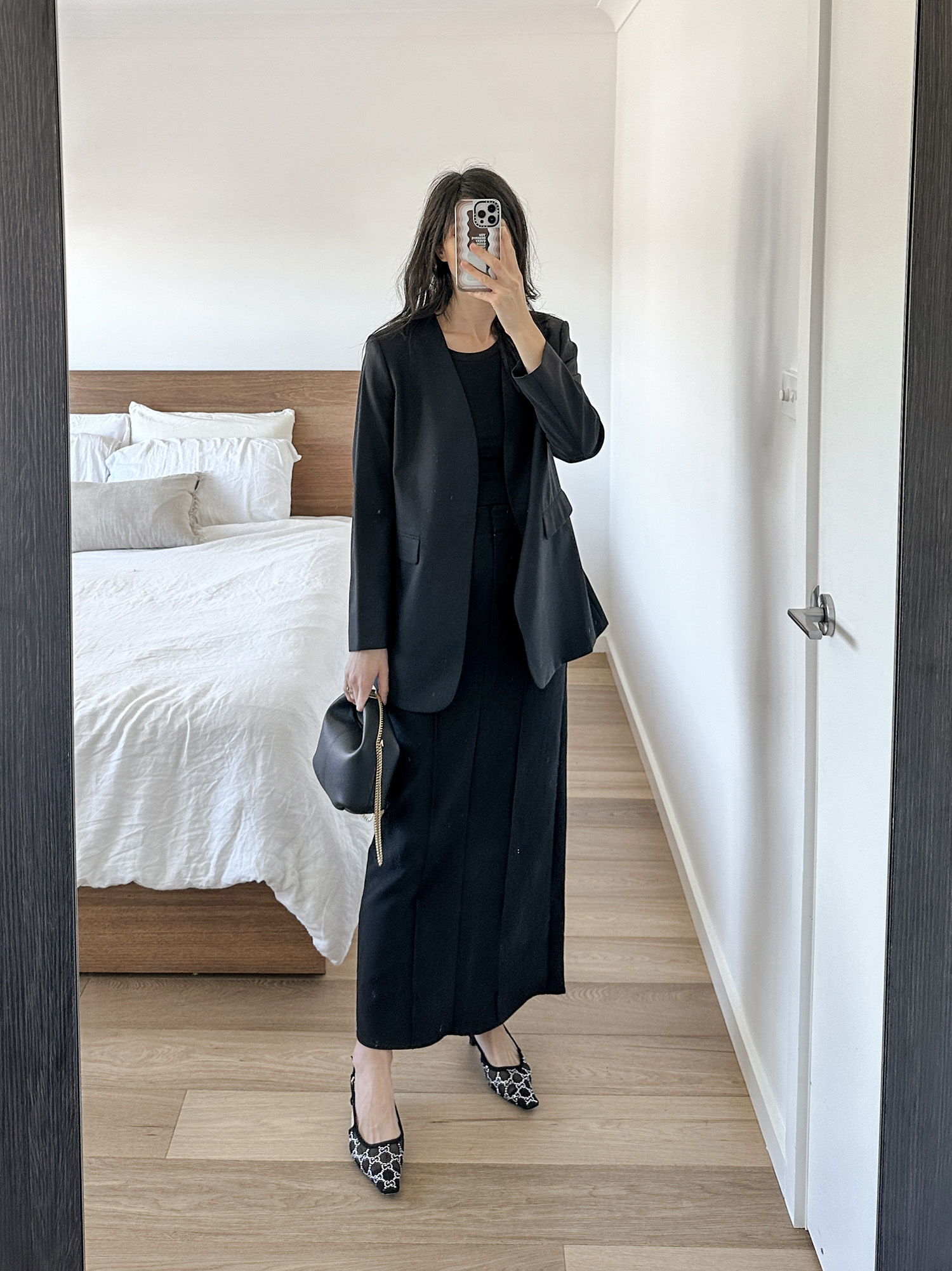 DISSH black rib tank and rowan maxi skirt with The Curated modern blazer