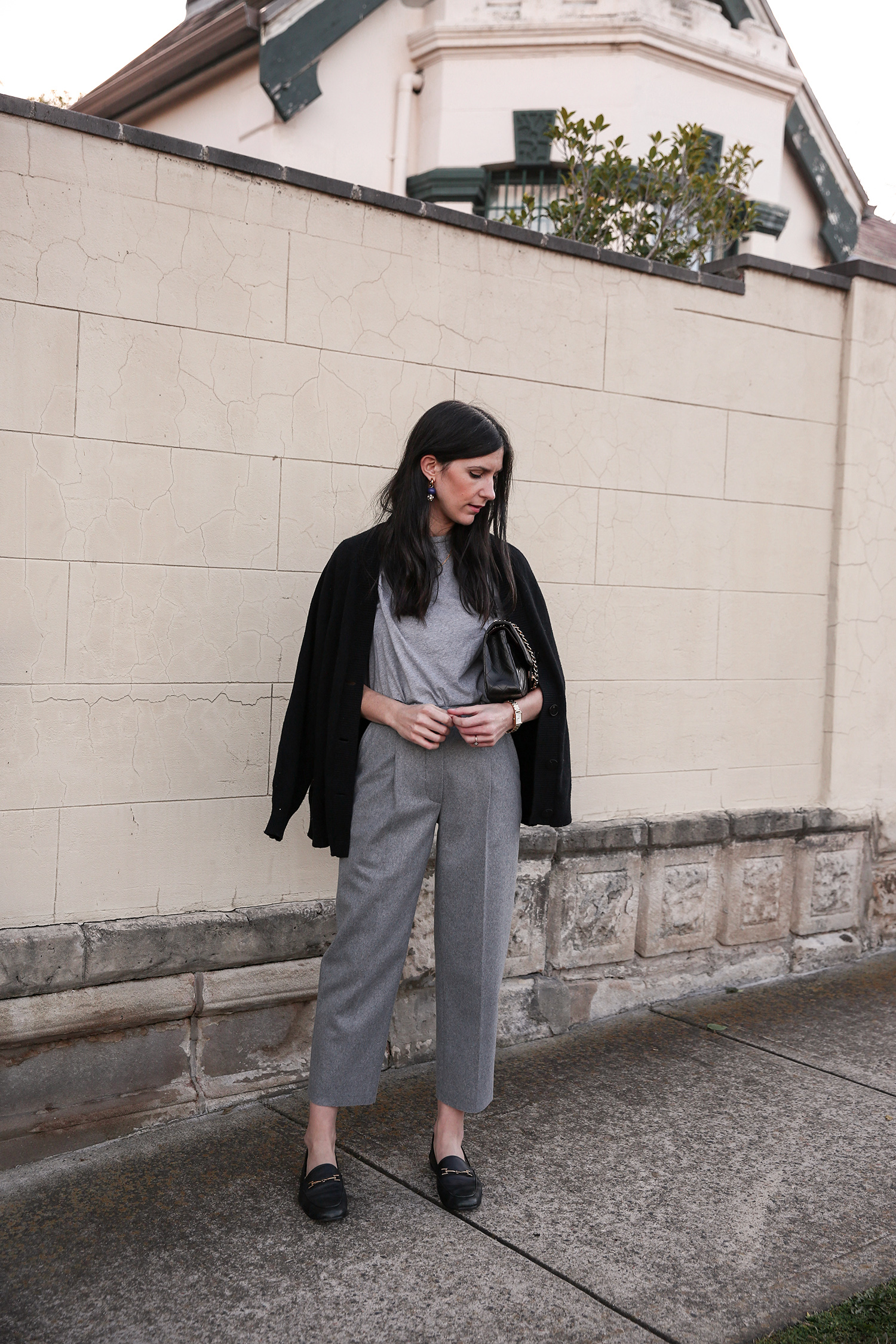 Jamie Lee of Mademoiselle wearing And Other Stories black cardigan and Acne Studios trea trousers