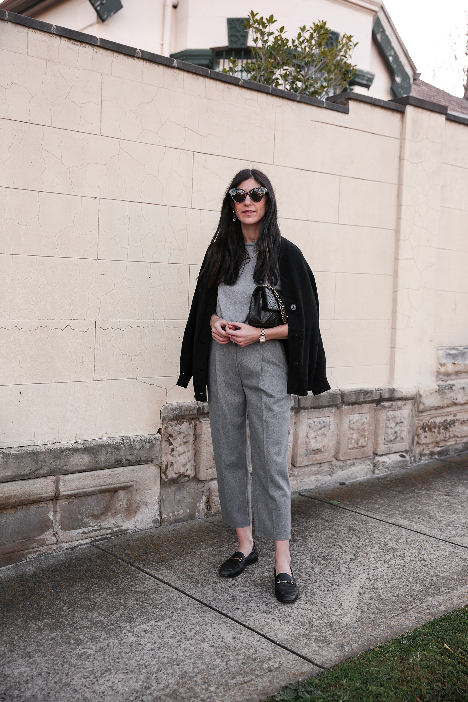 Jamie Lee of Mademoiselle wearing And Other Stories black cardigan and Acne Studios trea trousers