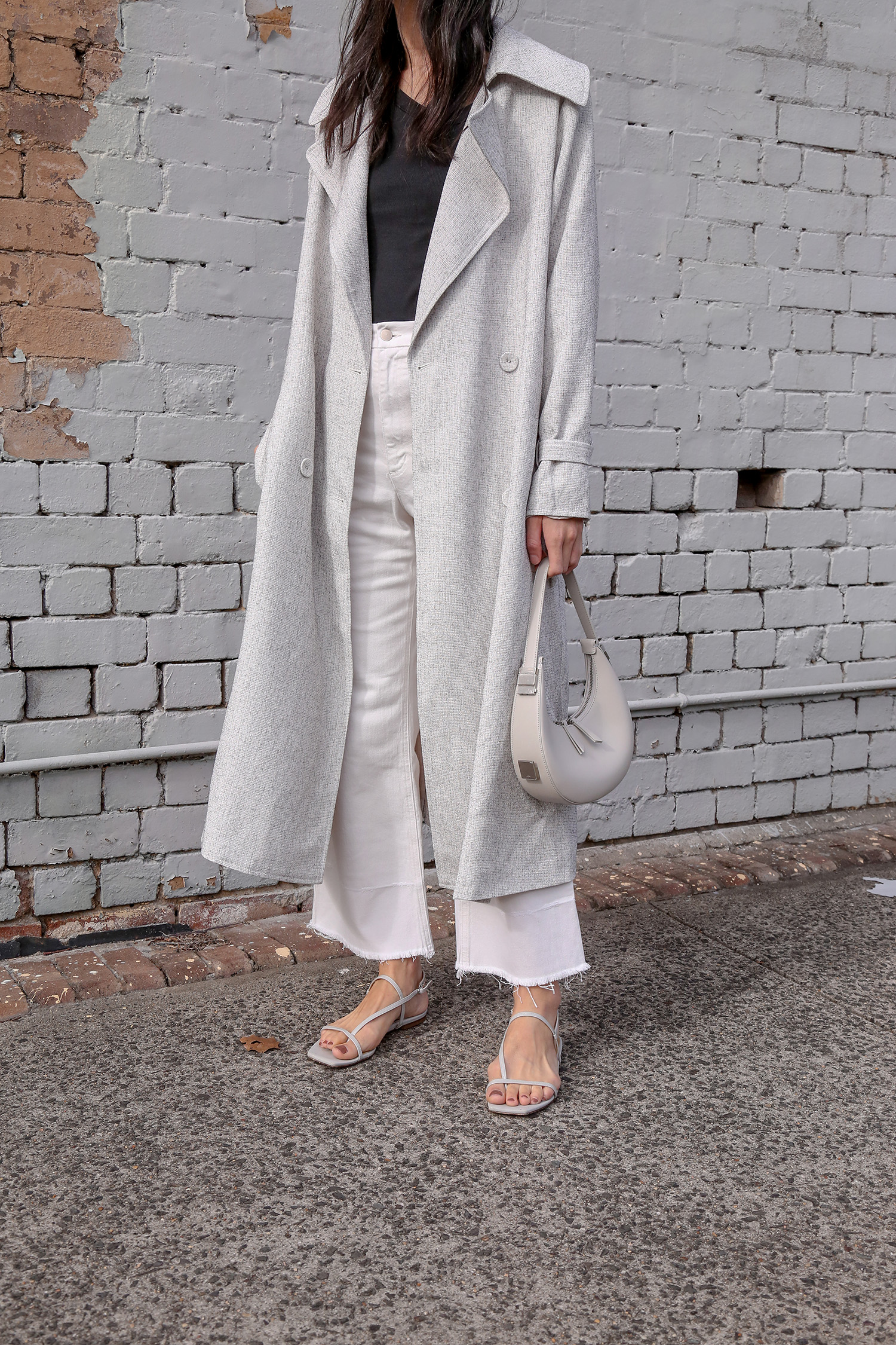 Wearing Staple the Label trench coat with Rachel Comey legion jeans and Aeyde Ella sandals