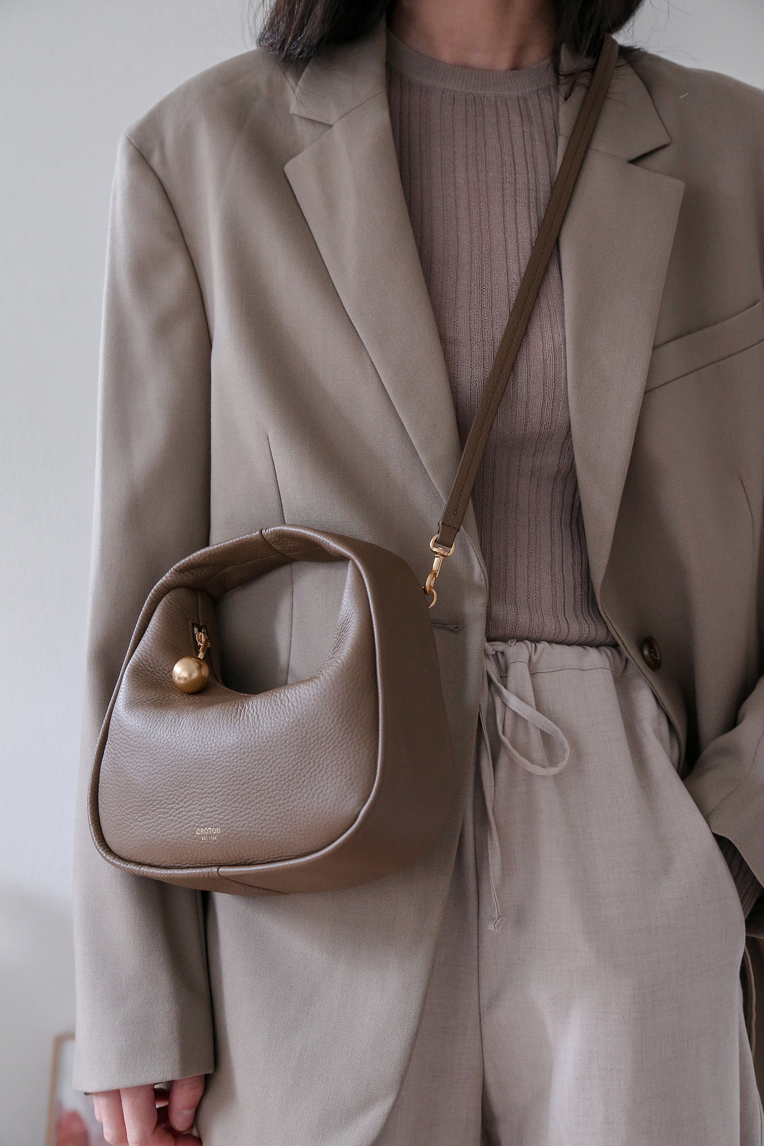 Taupe monochromatic tonal outfit with Oroton Clara bag