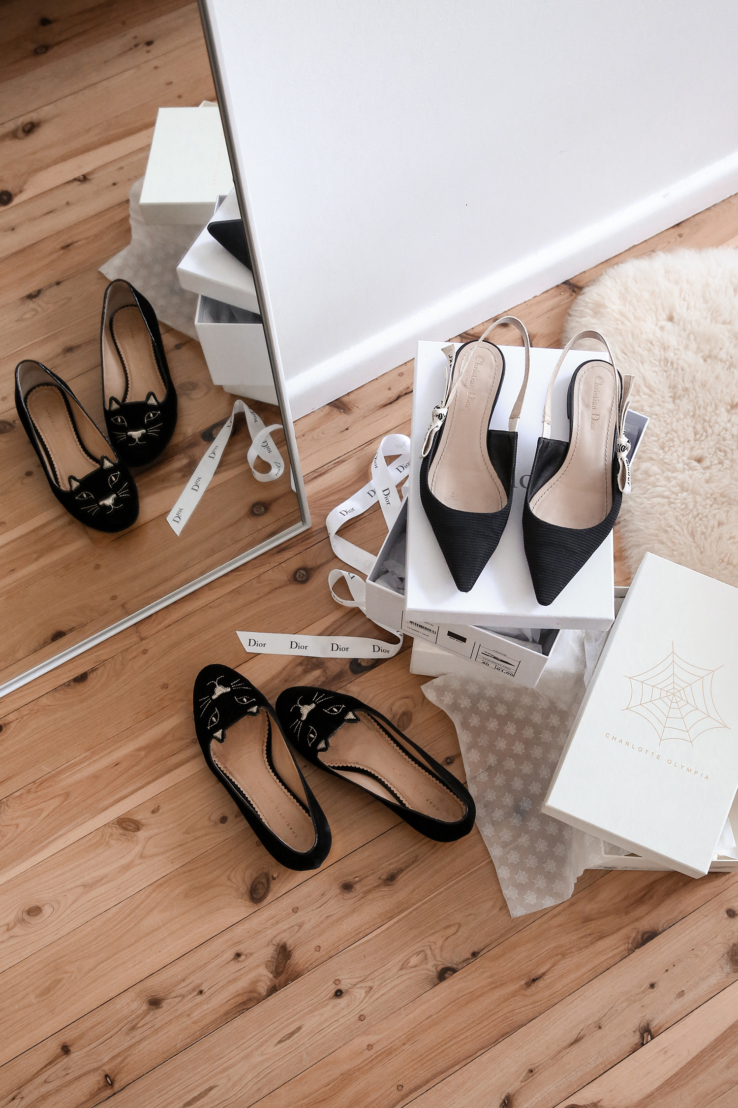 Charlotte Olympia kitty flats and Dior slingback flats