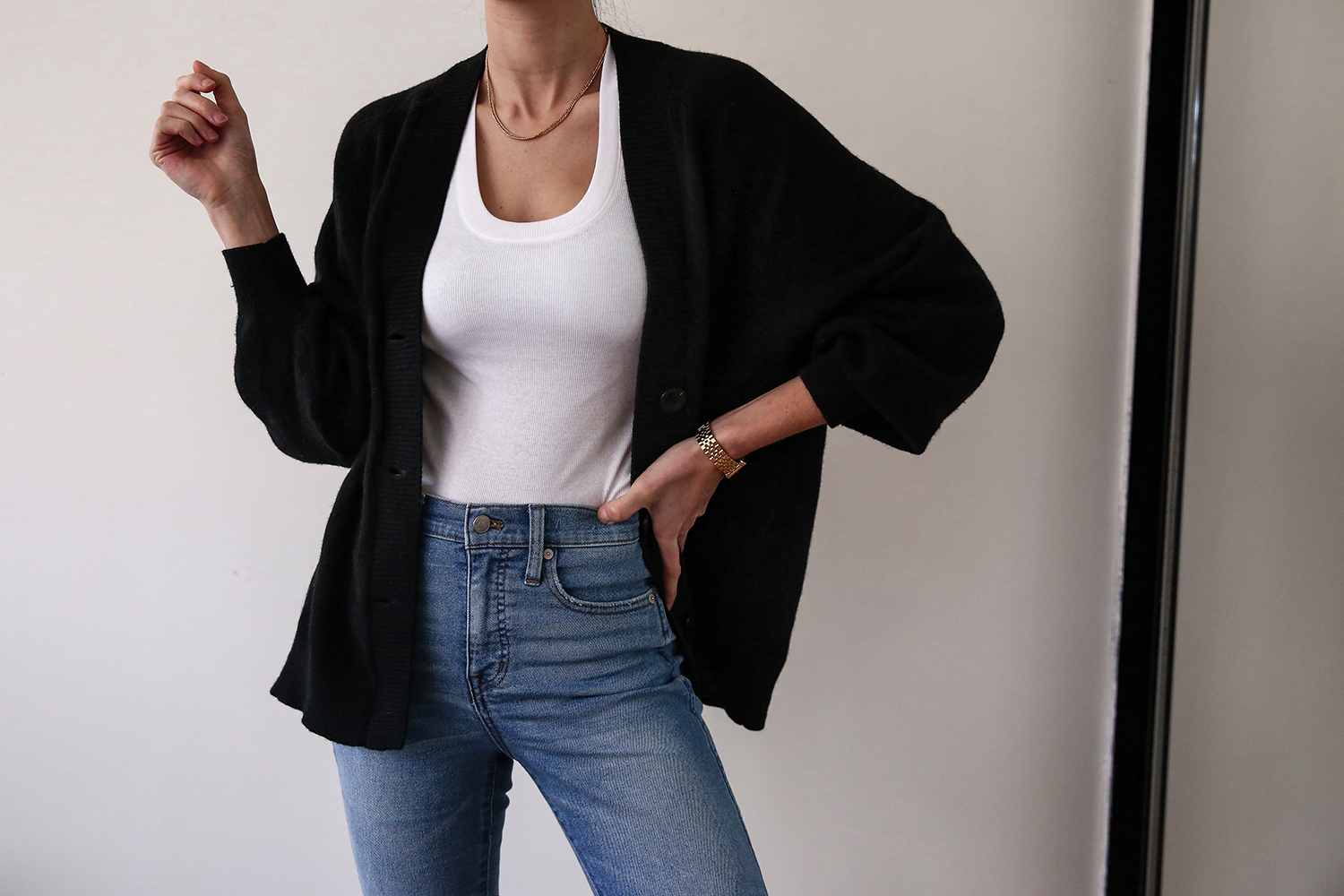 and other stories wool cardigan and madewell jeans