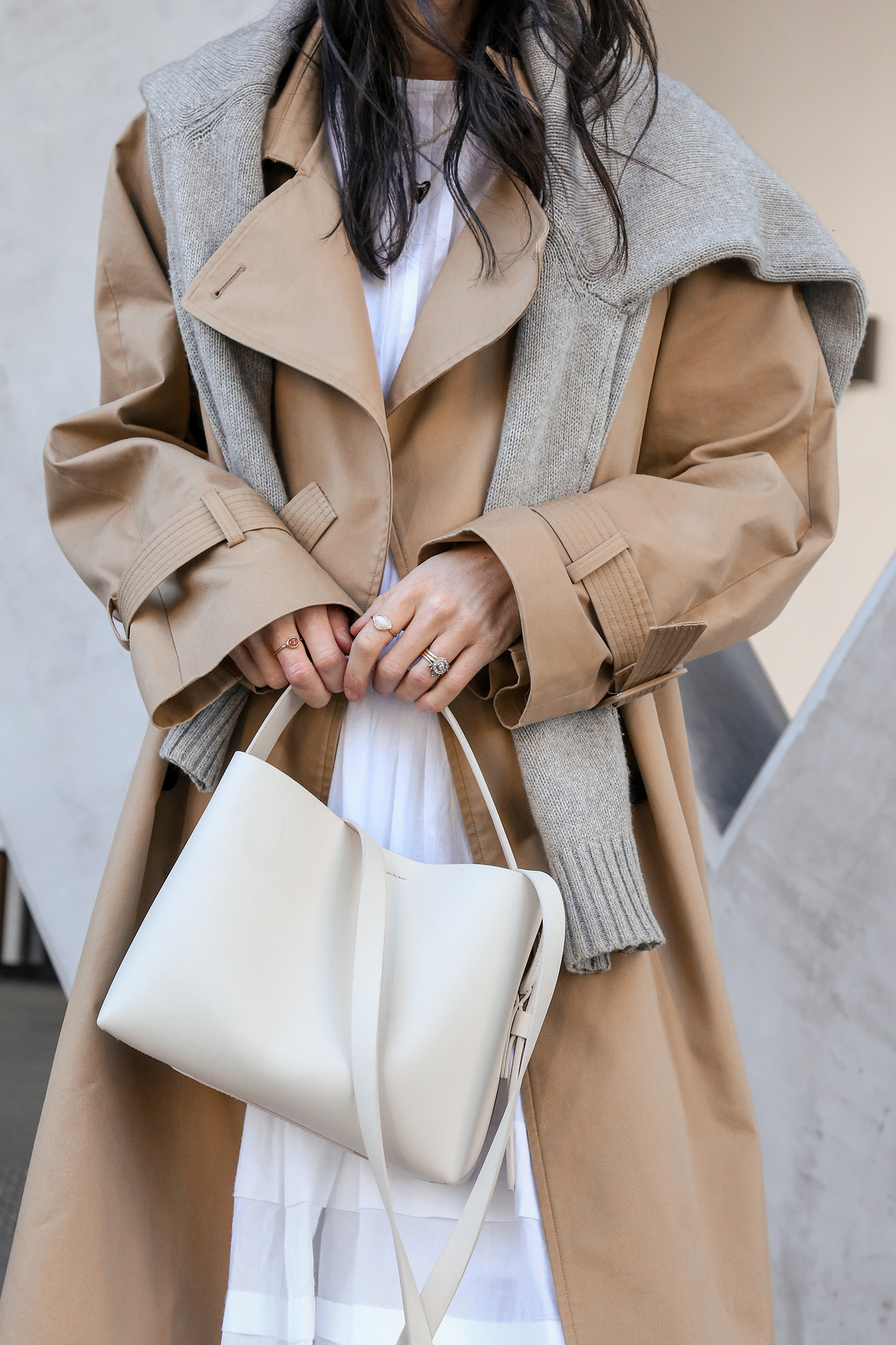 Trench Coat and Arket Rigid Crossbody Bag in white