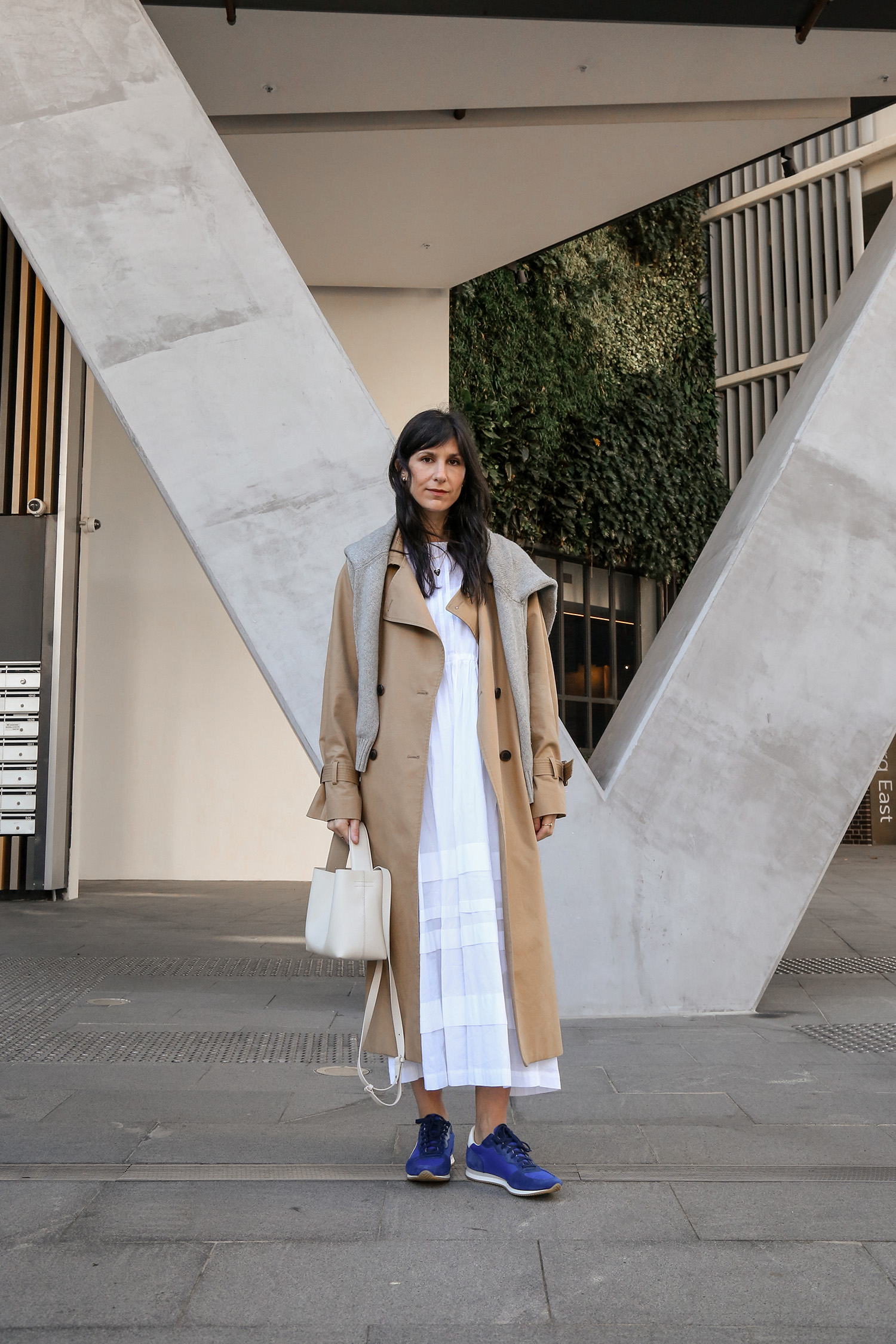 Outfit wearing Kowtow Camille Dress with Kindersalmon trench coat