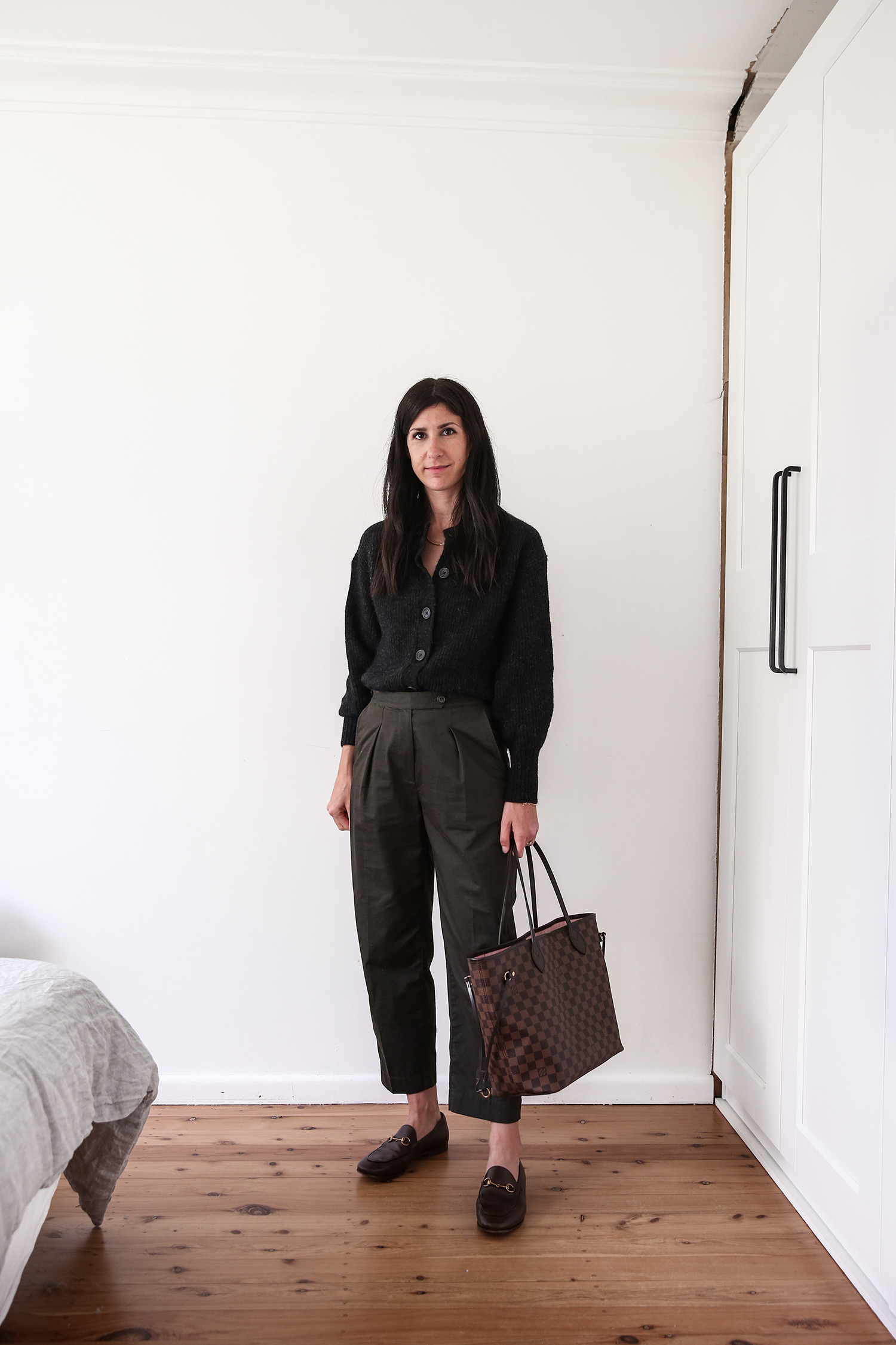 Everlane cropped alpaca cardigan with arket cotton trousers