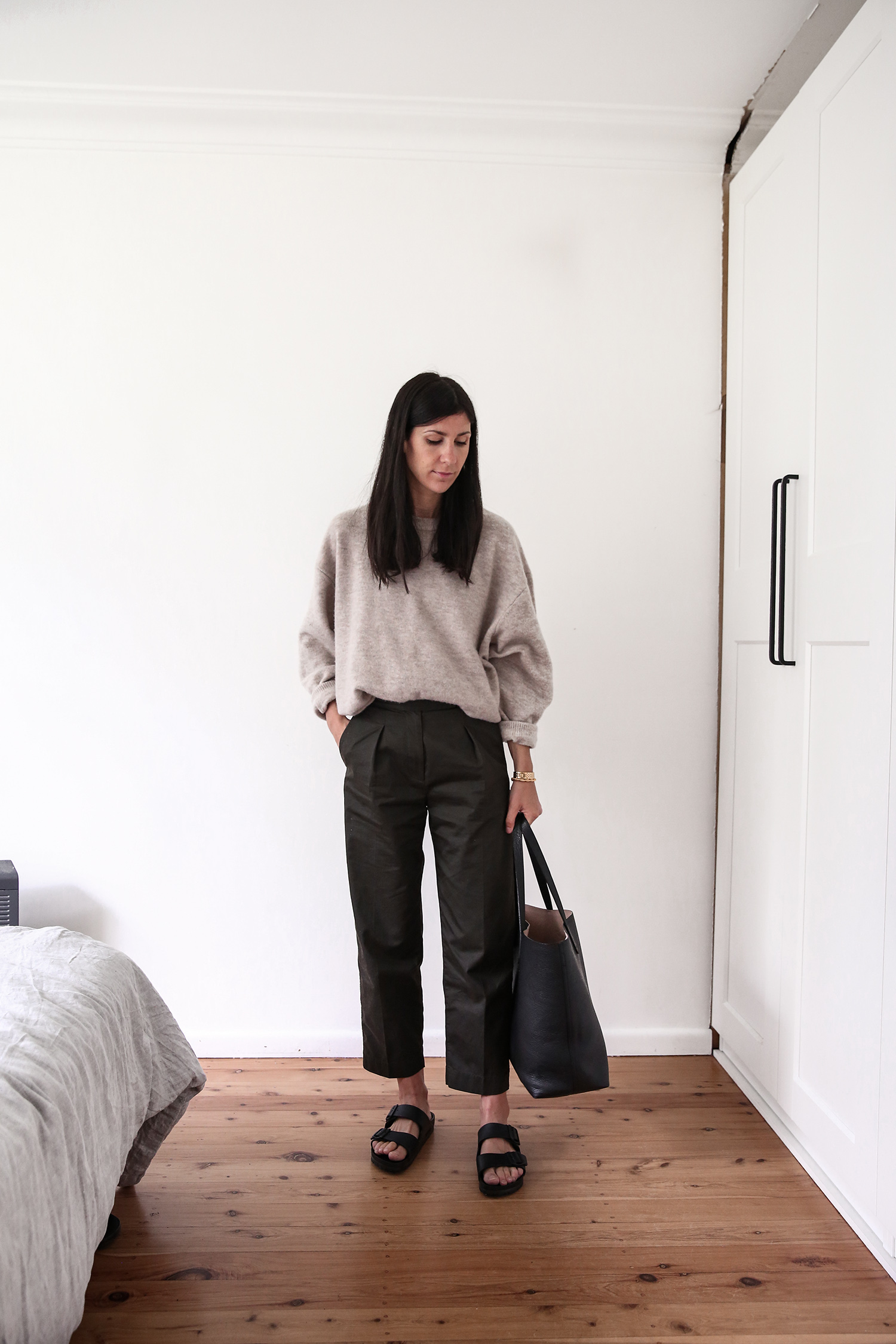 Neutral toned autumn fall style outfit with Birkenstocks