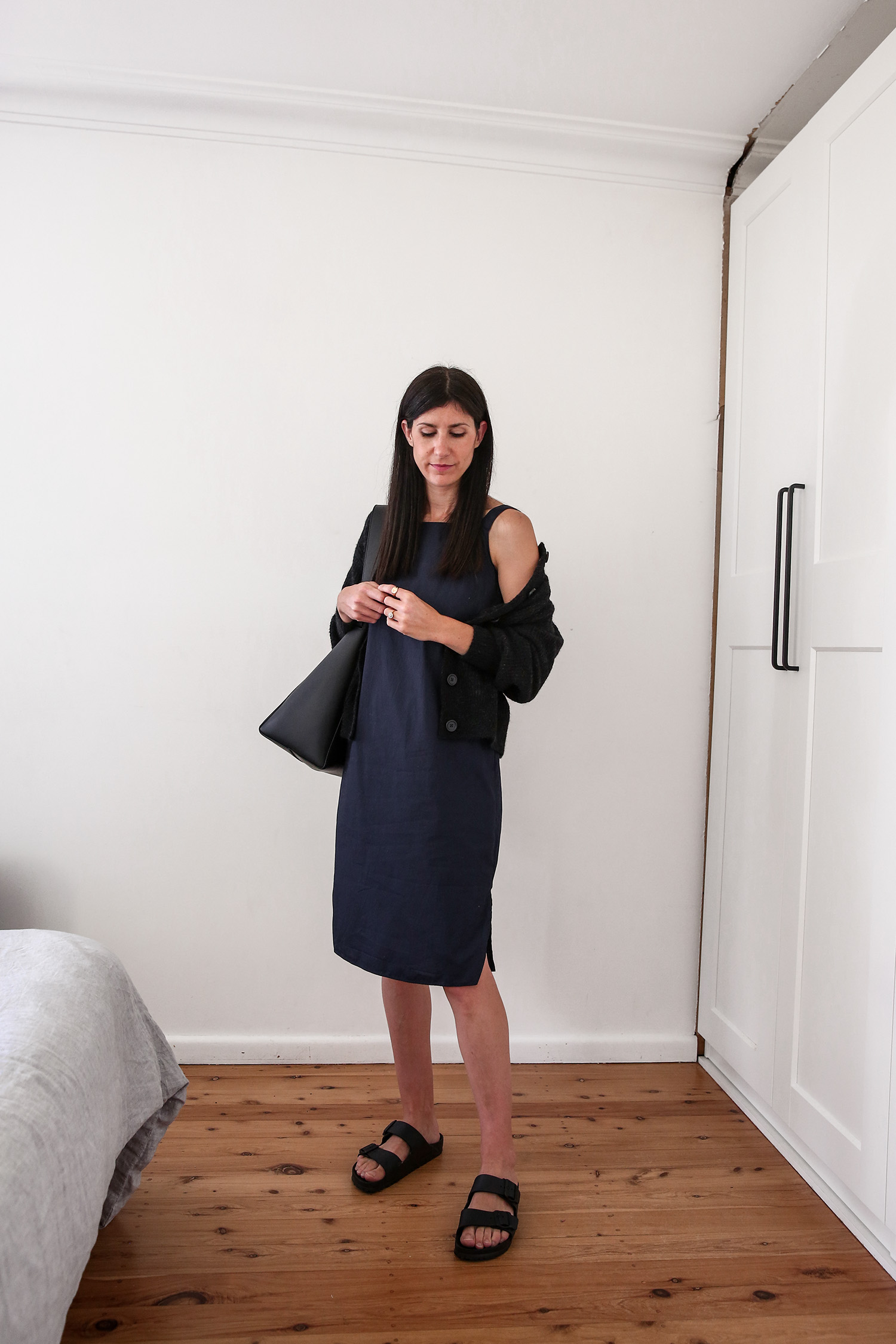 Arket cotton poplin dress and Everlane alpaca cardigan