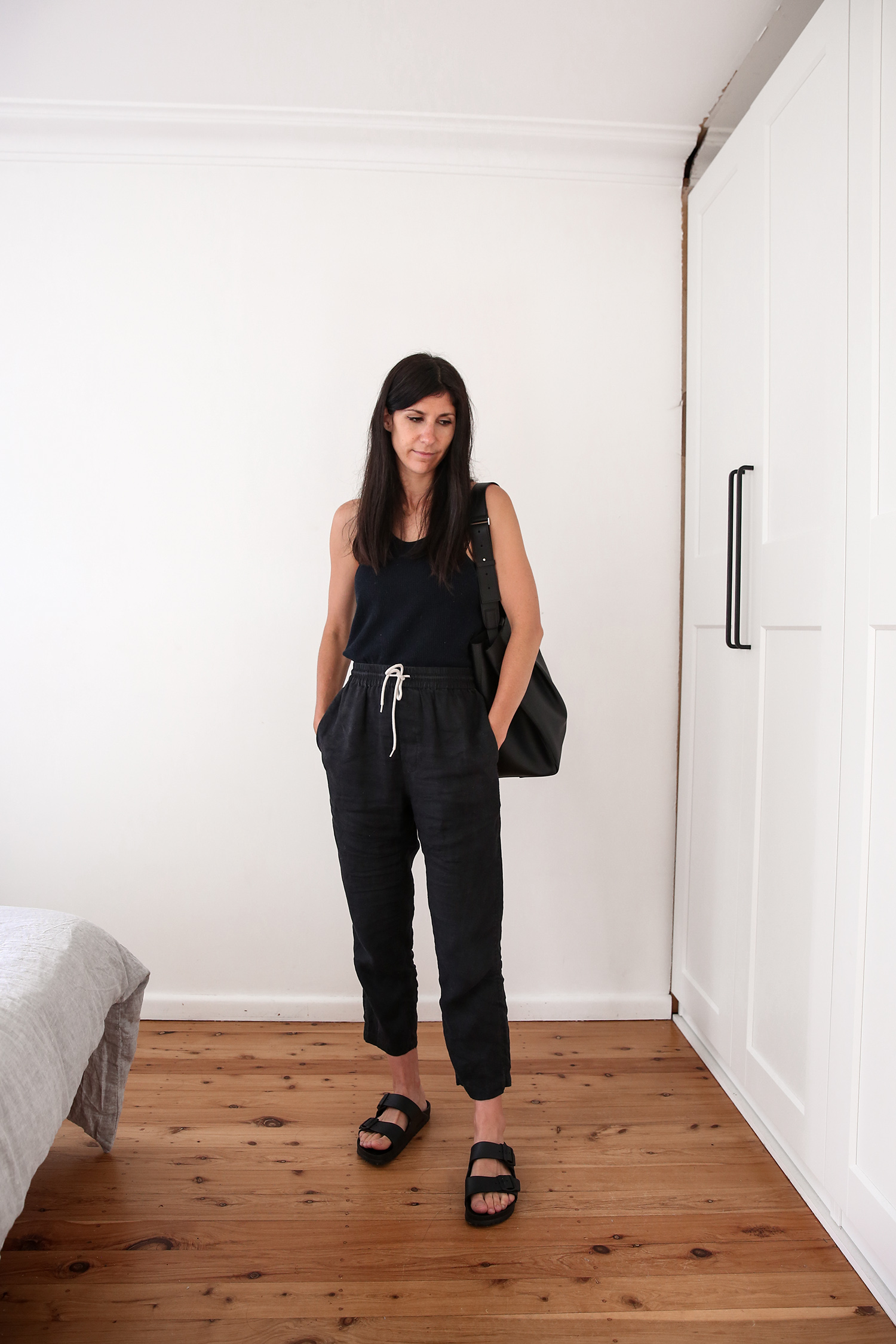 Monochrome scandi outfit street style with Assembly Label Linen trousers