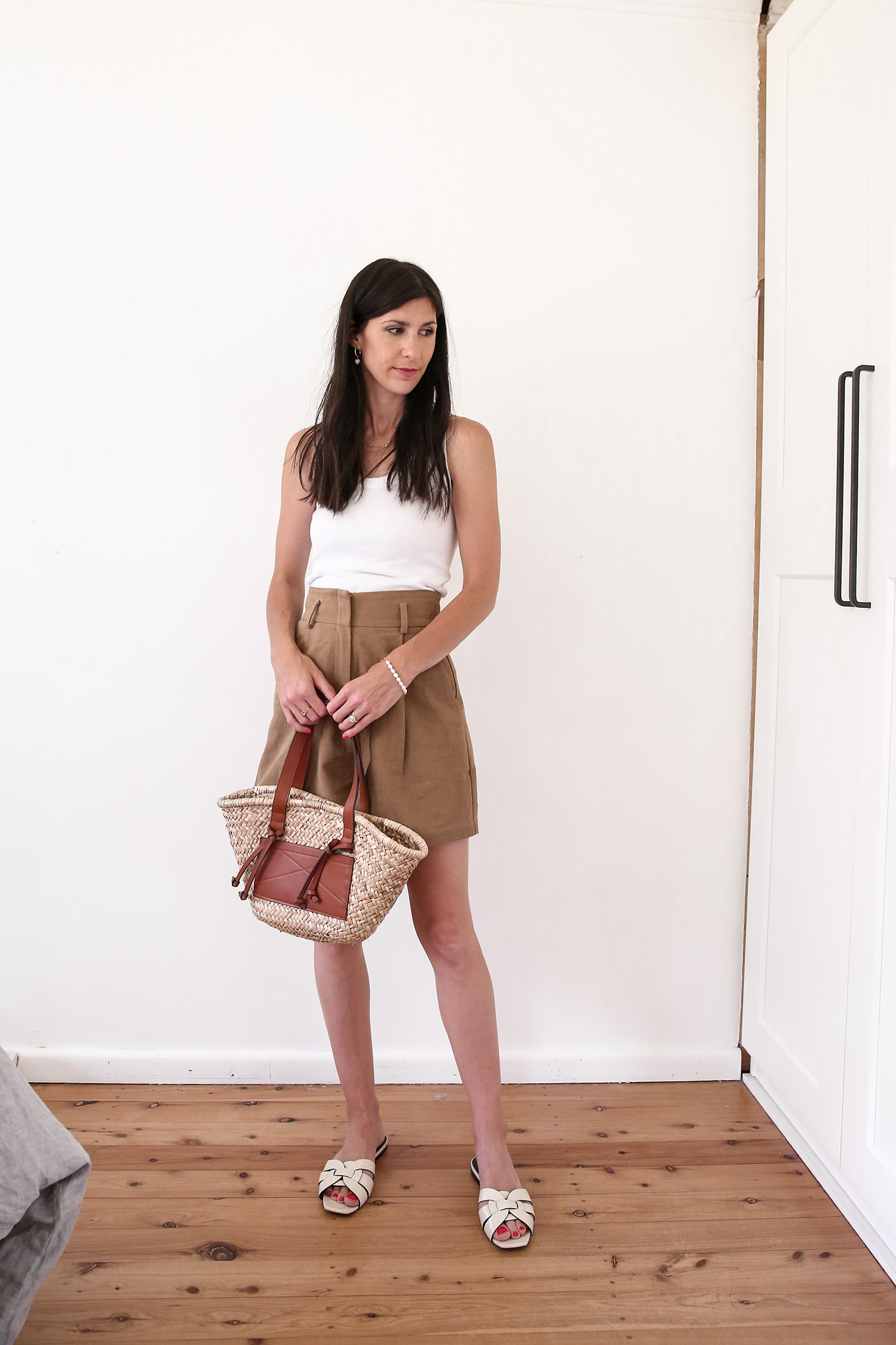 Free People white tank with St Agni Ranger Shorts neutral summer style