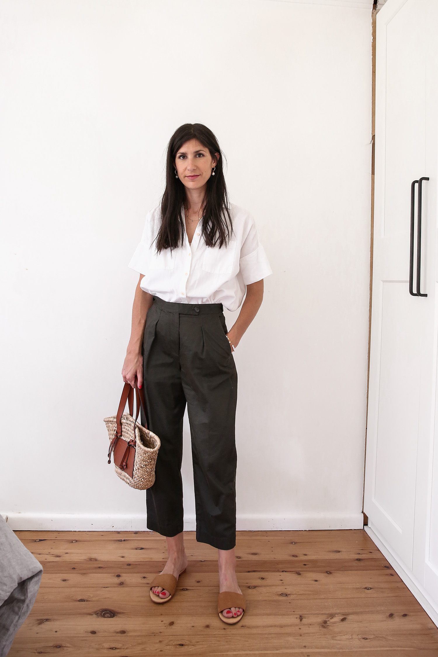 Madewell white courier shirt with Arket cotton trousers