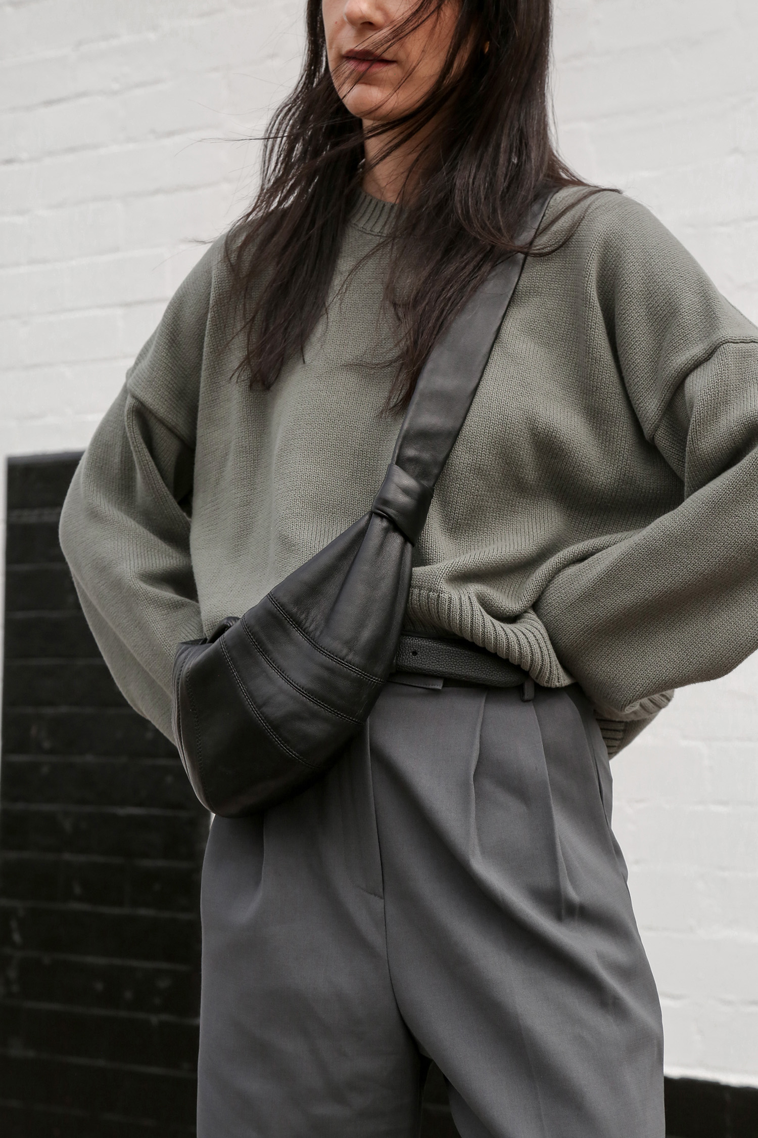 Quince oversized cotton sweater in agave with Lemaire Croissant Bag