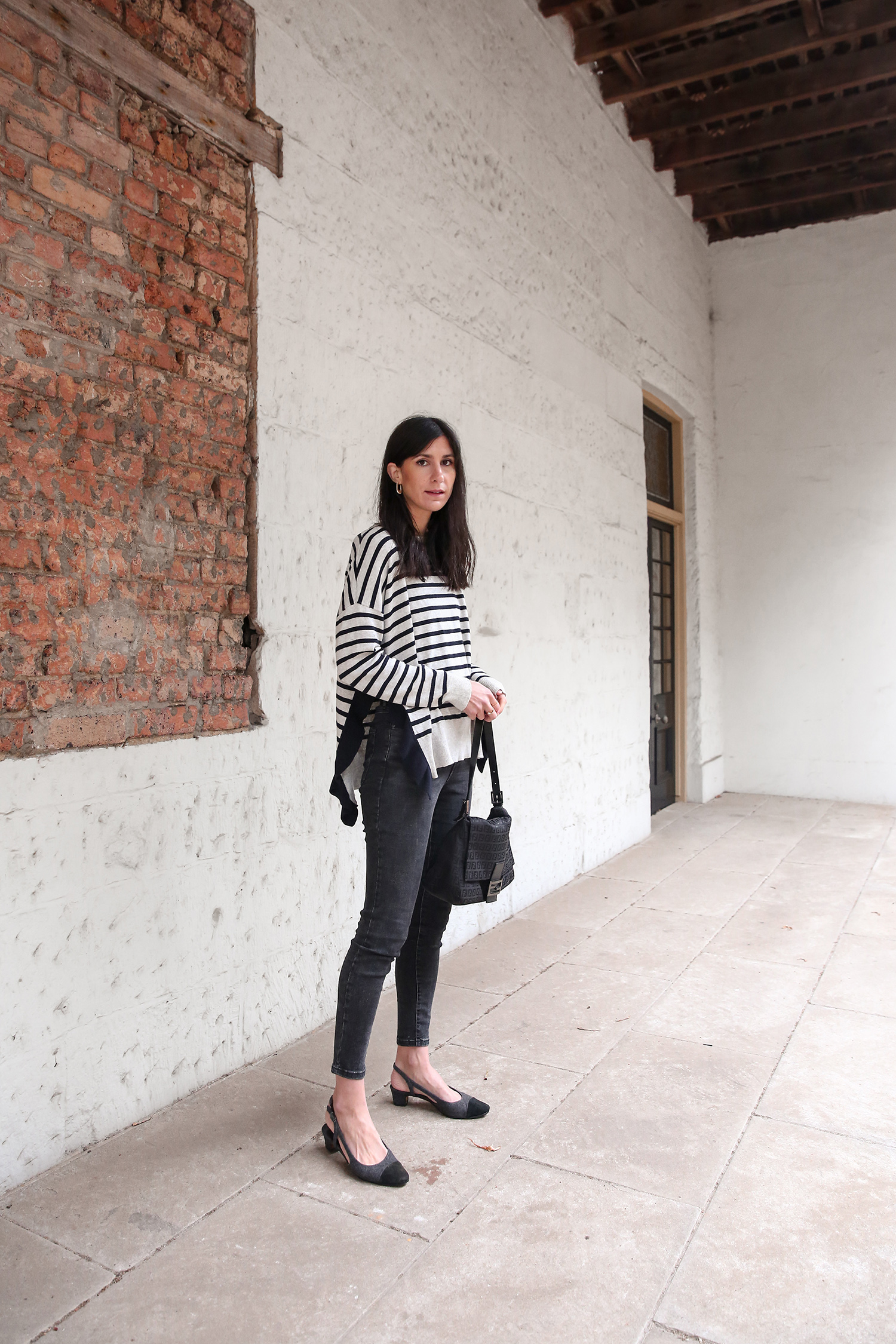 Alessandra Cashmere stripe top and Everlane authentic stretch skinny jeans