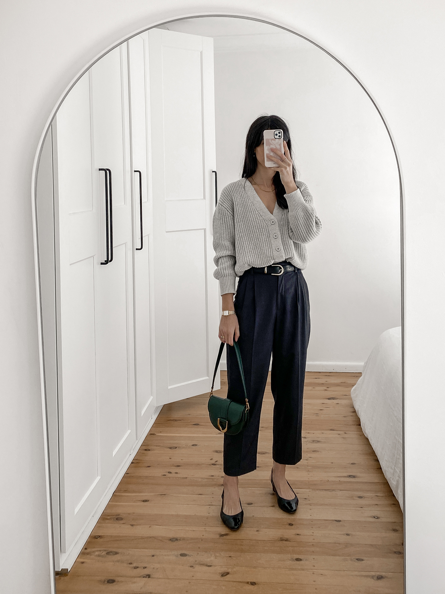 Miere cardigan worn with H&M straight leg trousers