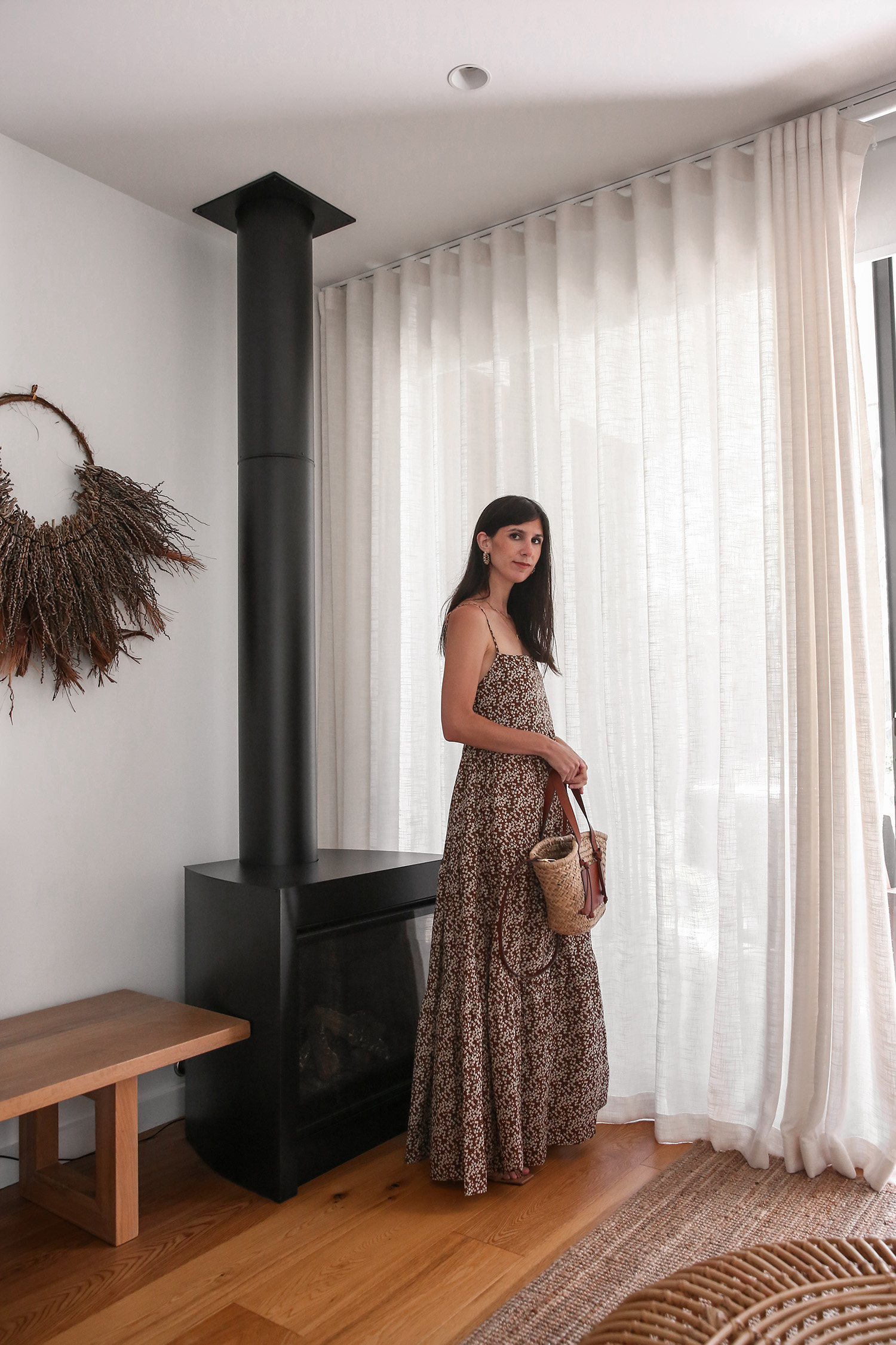 Wearing Matteau coffee floral tiered backless dress at Bangalay Luxury Villas